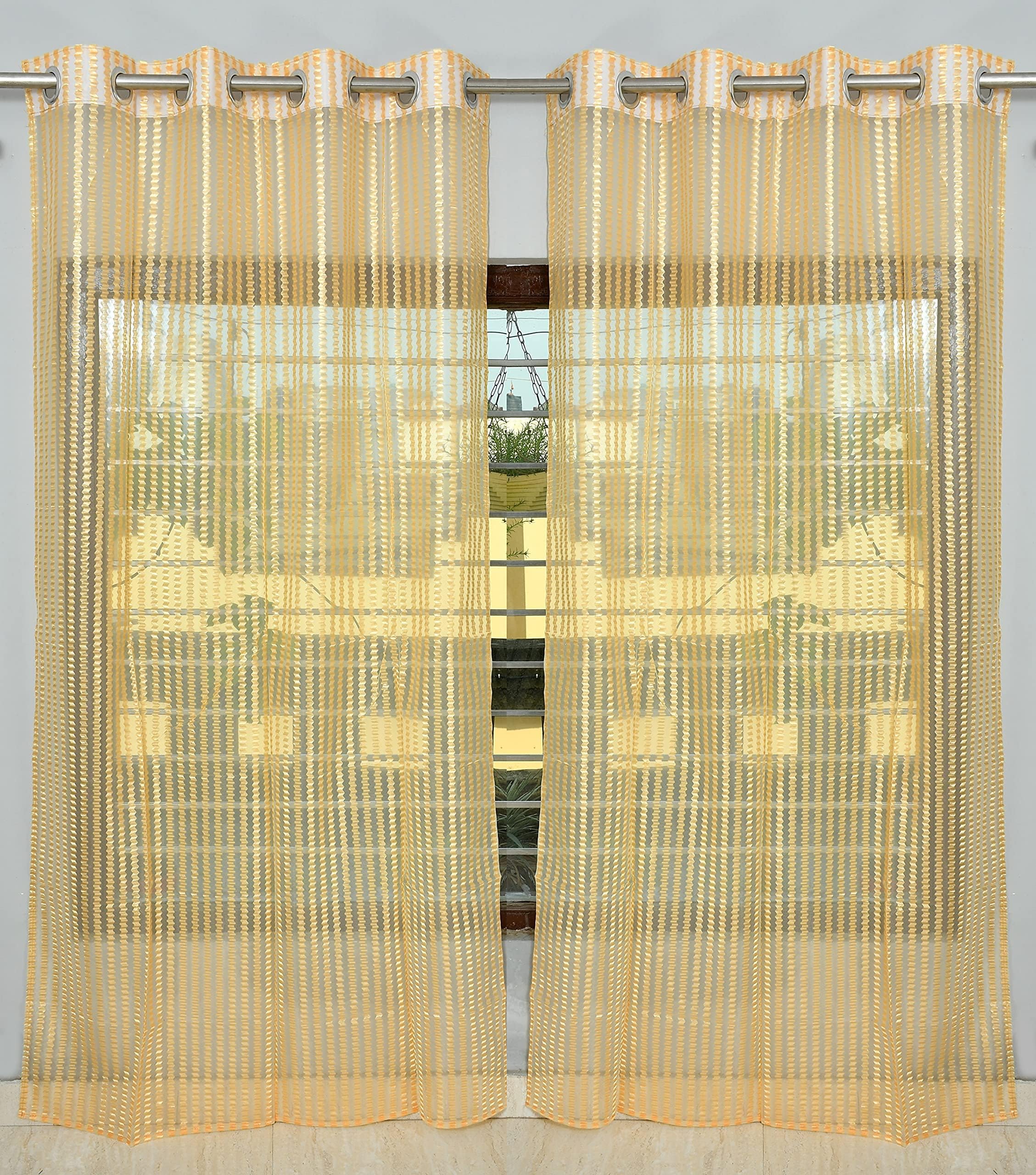 Parda Sansar Polyester Linen Transparent Solid Zig-Zag Sheer Curtains Set with Eyelet Rings Tissue Net Window Curtains, Gold, 5 Feet (153 cm), Pack of 2