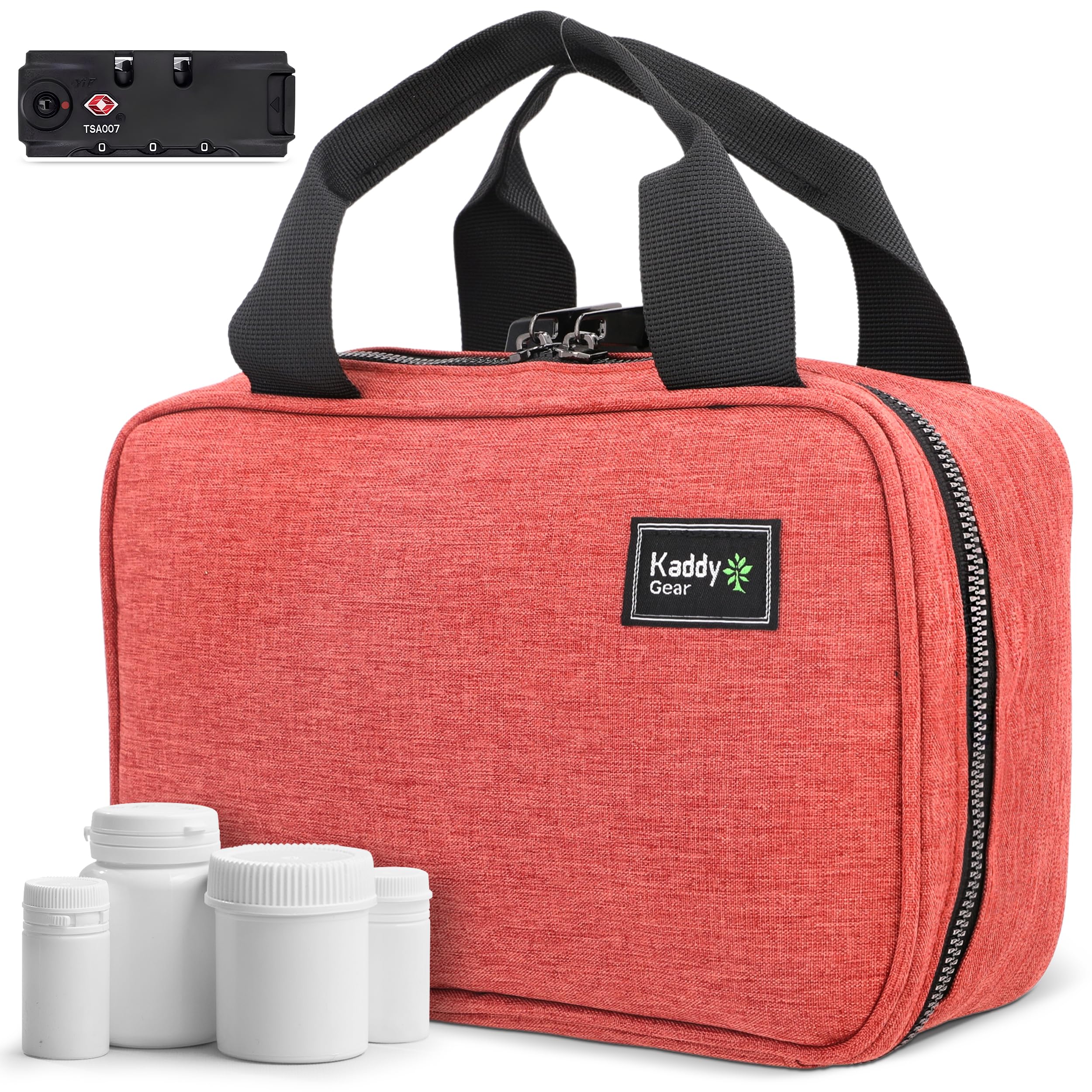 Kaddy Secure Pill Organizer Box, Storage for Bottles of Medicine or Supplements; Toiletry; Travel or Home, TSA Approved Lock (Red)