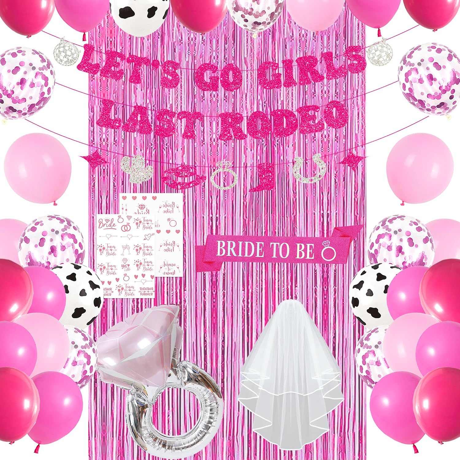 Roetyce Last Rodeo Bachelorette Party Decorations, Pink Bride To Be Sash Veil Fringe Curtain, Let's Go Girls Banner Balloons Temporary Tattoos Kit, Cowgirl Western Bridal Shower Wedding Decorations