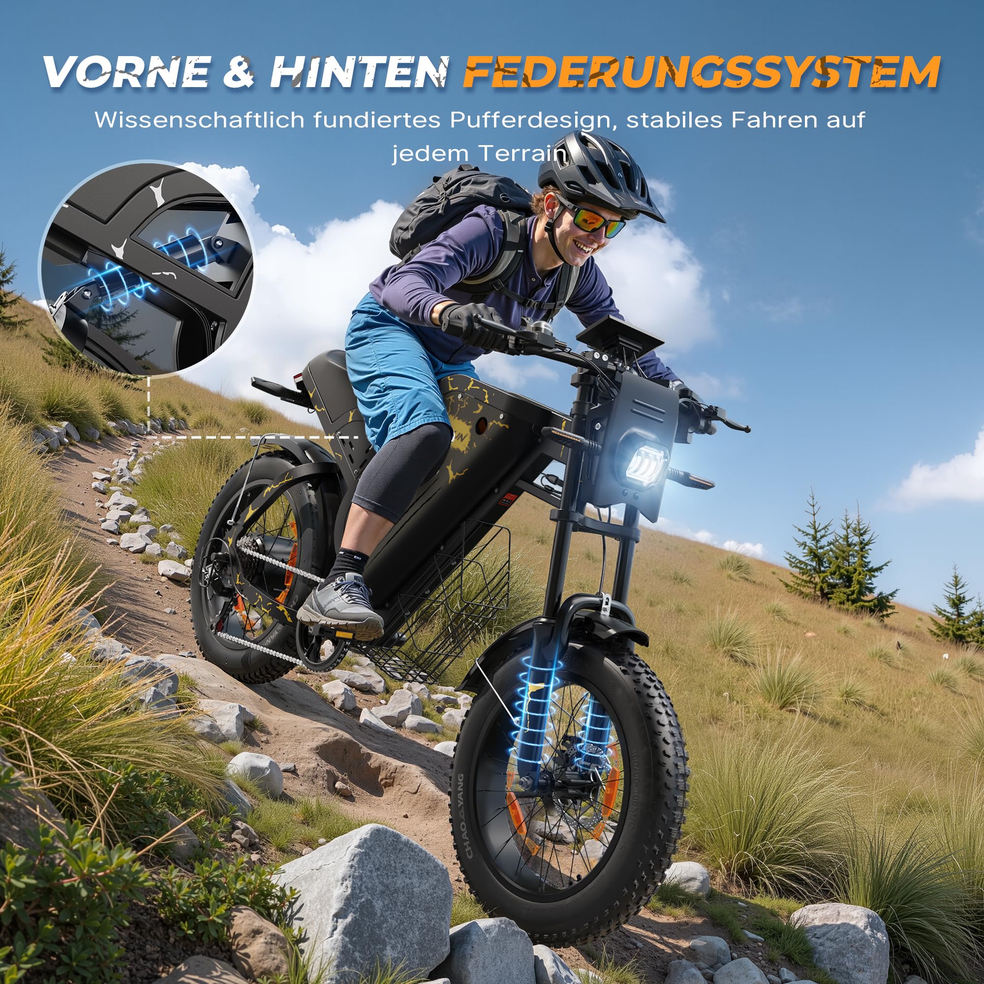 VARUN E Bike, 20 * 4.0 Zoll E-Bike Herren mit 48V 31.5Ah / 20.8Ah Akku, bis zu 160-180 KM, 250W 85Nm Motor, Fatbike Ebike mit Vollfederung, Blinker, 7 Gang All-Terrain E-Mountainbike mit EU-Konformes