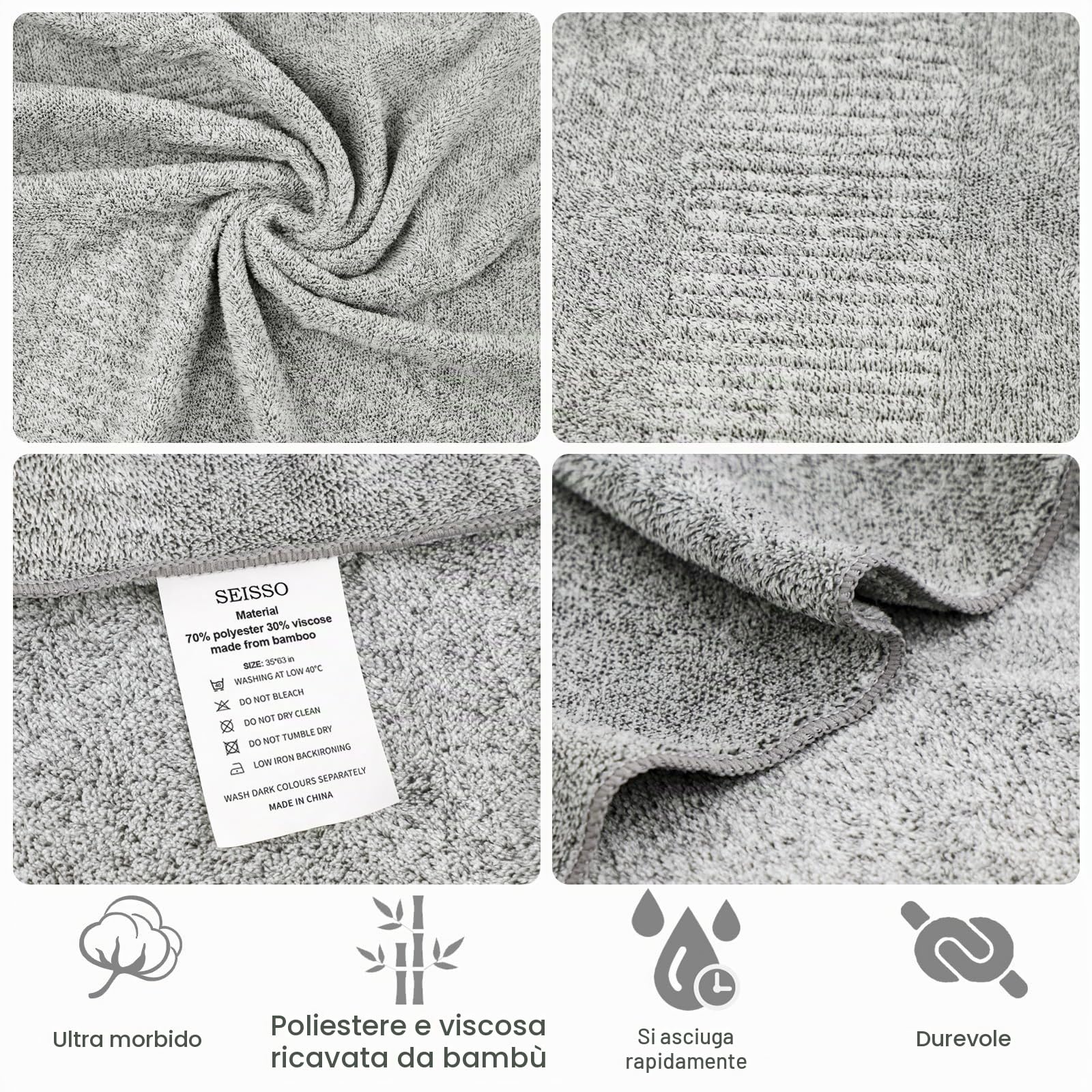 SEISSO Set di 2 Asciugamani da Bagno Grandi, 90x160cm Asciugamani Extra Assorbenti e ad Asciugatura Rapida per Bagno in Fibra, Multiuso per Fitness, Spa, Asciugamani Sportivi, Grigio