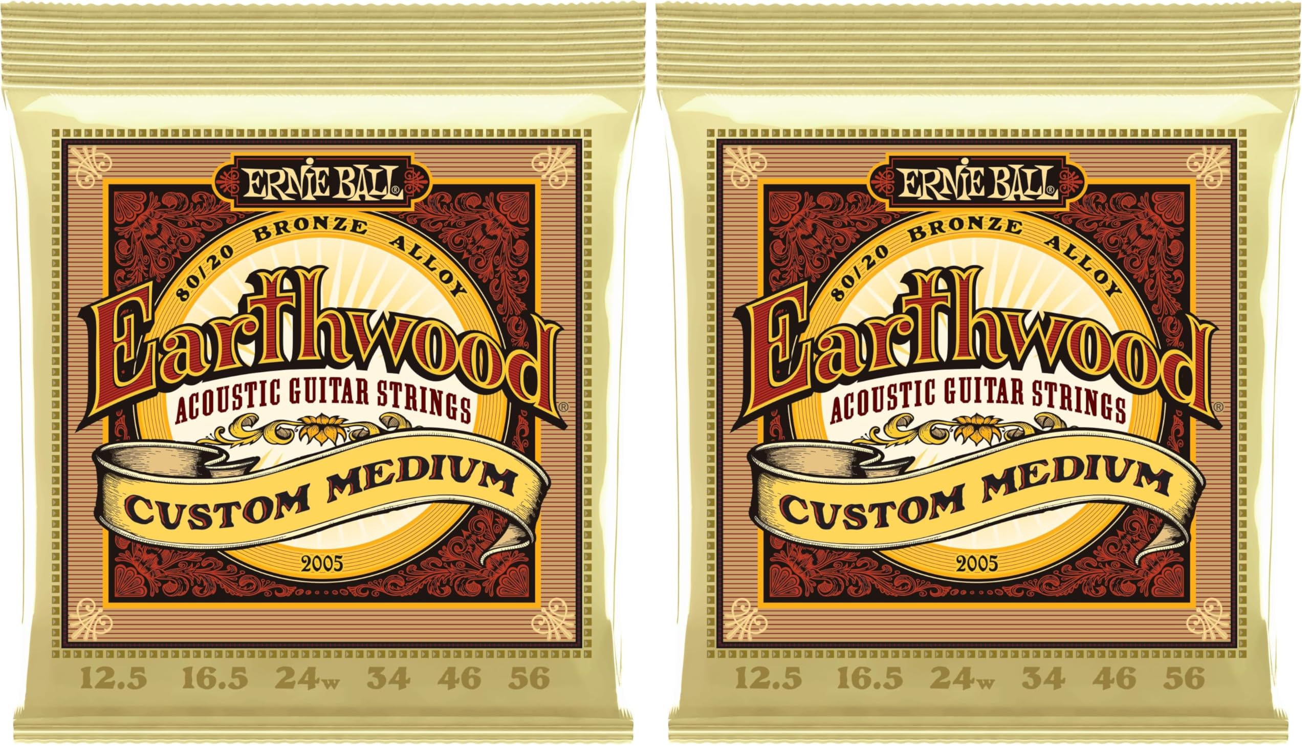 Ernie Ball Earthwood Custom Medium 80/20 Bronze Acoustic Guitar Strings, 12.5-56 Gauge (P02005) (Pack of 2)