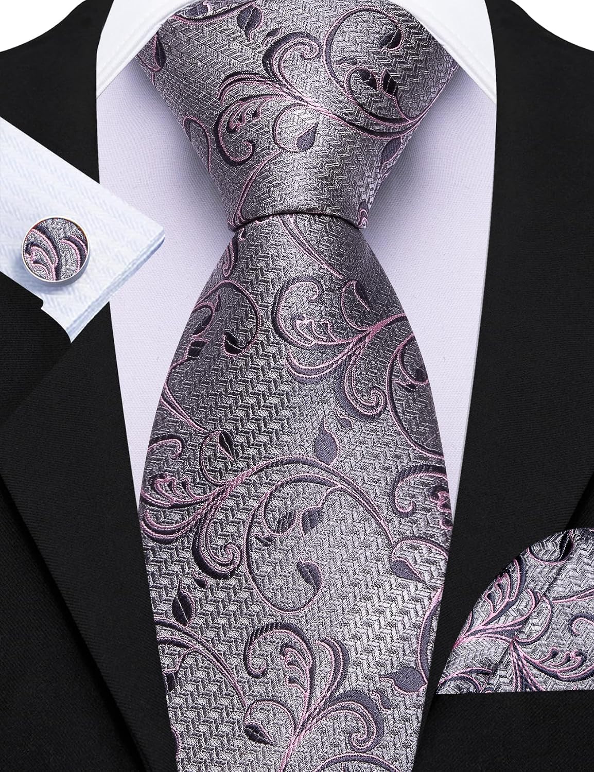Barry.Wang Men Paisley Tie Set with Pocket Square Cufflink Silk Woven Necktie Formal Wedding Party 6PCS