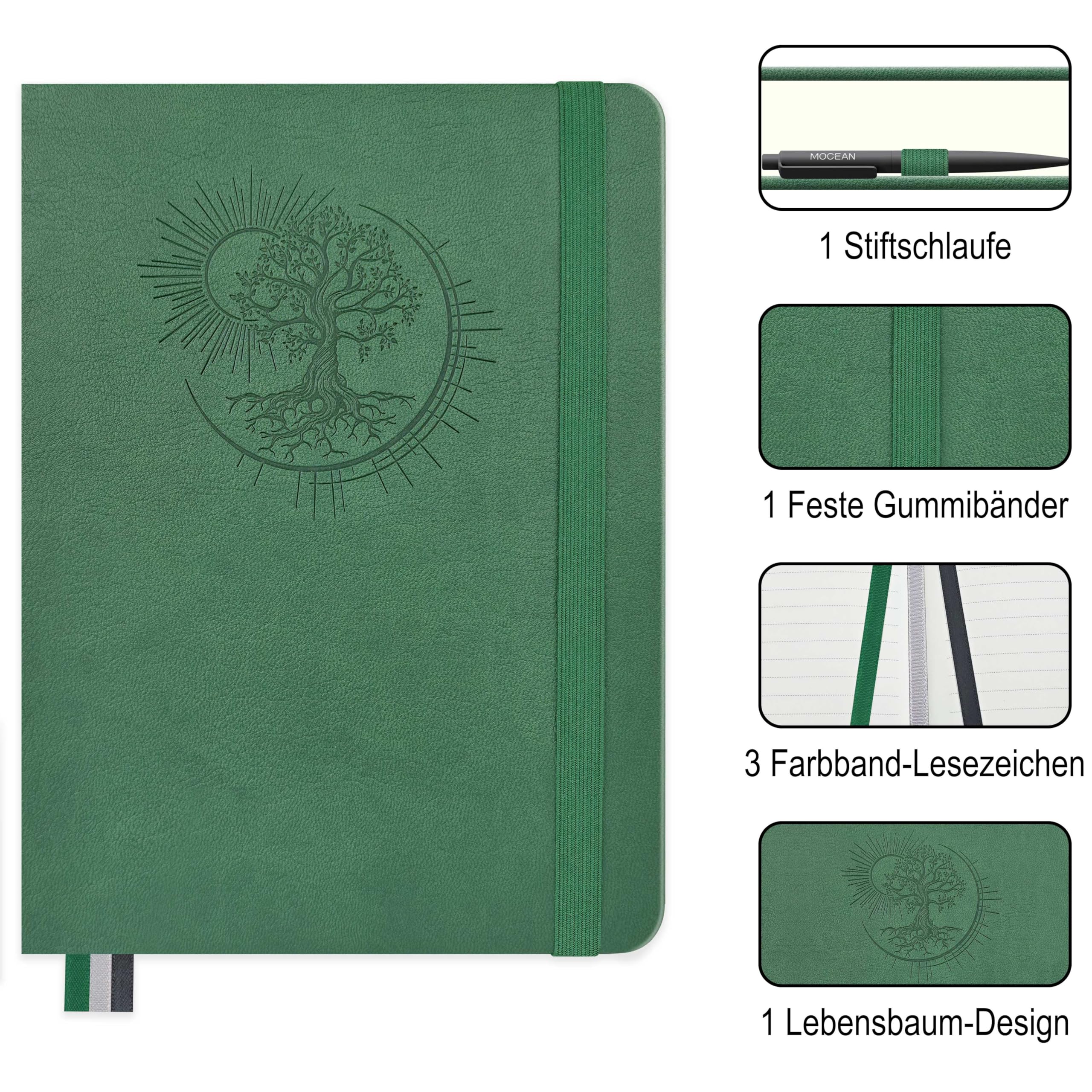 Mlife Notizbuch A4 mit Lebensbaum-Design–360 Seiten,100g Papier,PU-Cover,elastisches Band,Stifthalter,3 Lesezeichen–Ideal für Beruf, Studium & Geschenk(Dunkelgrün)