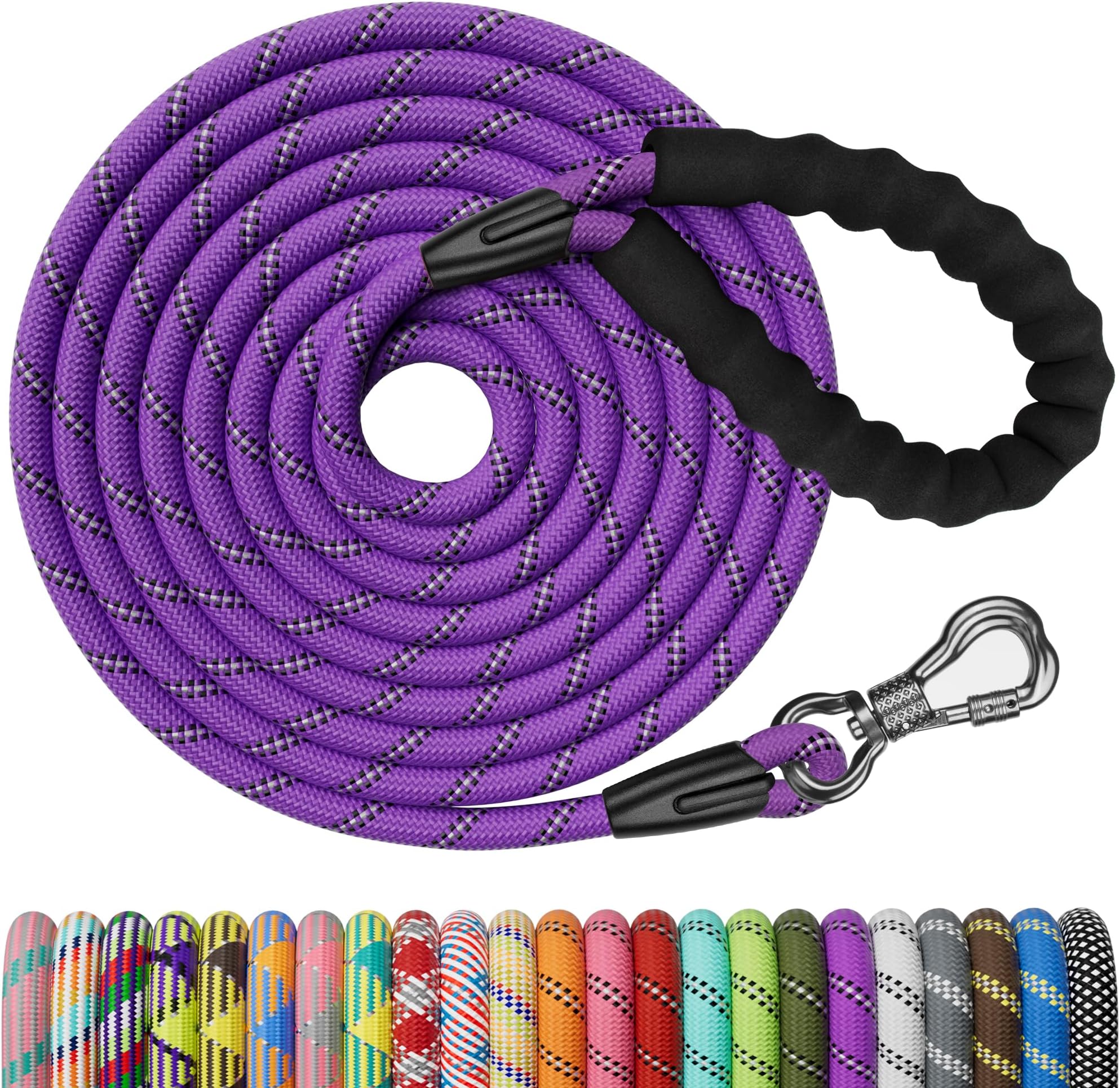 NTR Strong Dog Leash - 15FT Reflective Purple Rope with Swivel Lockable Hook and Padded Handle, Cat & Dog Leash for Small to Large Dogs, Training, Playing, Camping, or Backyard