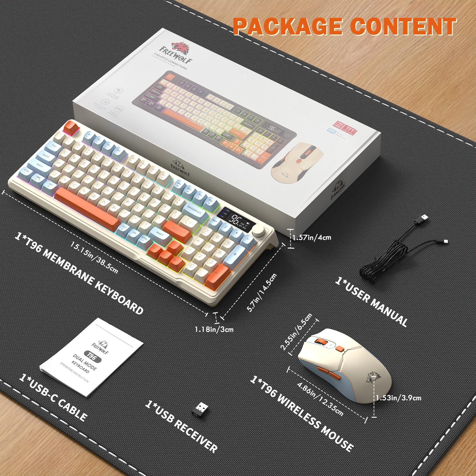 FREEWOLF T96 Clavier et Souris sans Fil, Bluetooth & 2,4G, Touches PBT, Molette Multimédia, Écran LCD, Silencieux, Anti-Ghosting, Disposition QWERTY, Rechargeable, pour Mac/Windows/Linux - Myrtille
