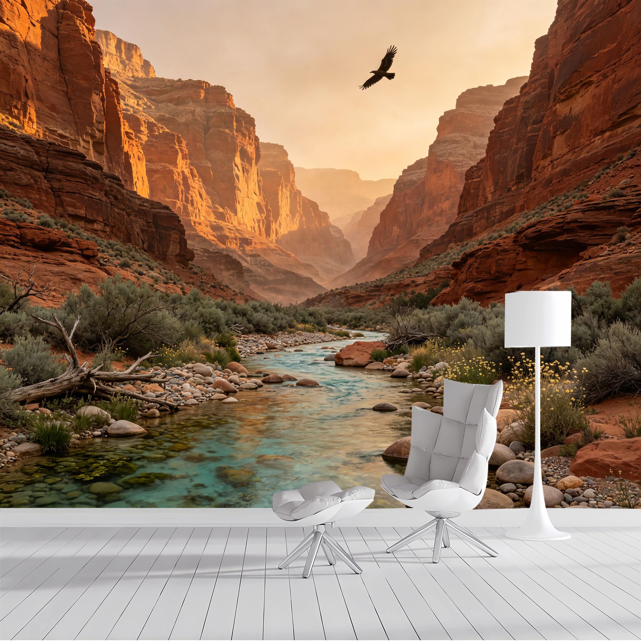 Custom Size Wall Mural Canyon River Sunset Eagle Landscape Oil Painting SelfAdhesive Wall Fabric Removable Peel and Stick Wallpaper Wall Decor for Living Room Bedroom Bathroom