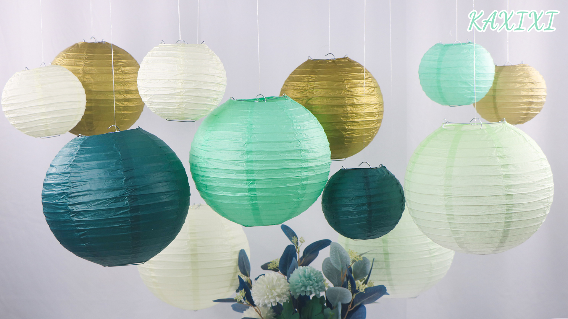 Image of 15-Pack Sage Green Gold Paper Lanterns, Hanging Classroom Decor | 6,8,10 Inch Hanging Lanterns for Weddings, Bridal Showers, Graduations, Anniversaries & Baby Showers