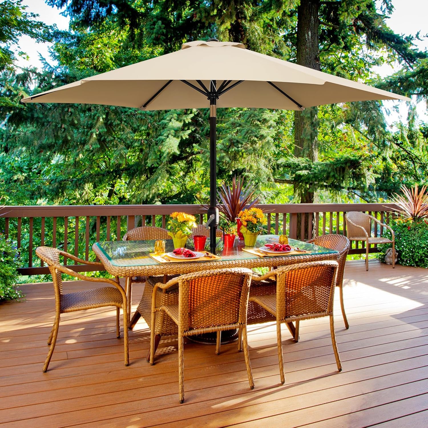 Yaheetech 9FT Patio Umbrella Outdoor with Heavy Duty Base Included,Table Umbrella with Push Button Tilt and Crank, UV Protection Waterproof for Yard/Outdoor/Wedding Parties and Events - Tan