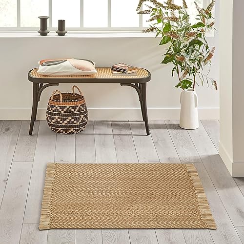 Miniatura 8 de THE BEER VALLEY Alfombra de tejido cheurón de 2 x 3 pies, reversible, de pelo bajo, lavable, resistente a las manchas, tapete de área natural, para