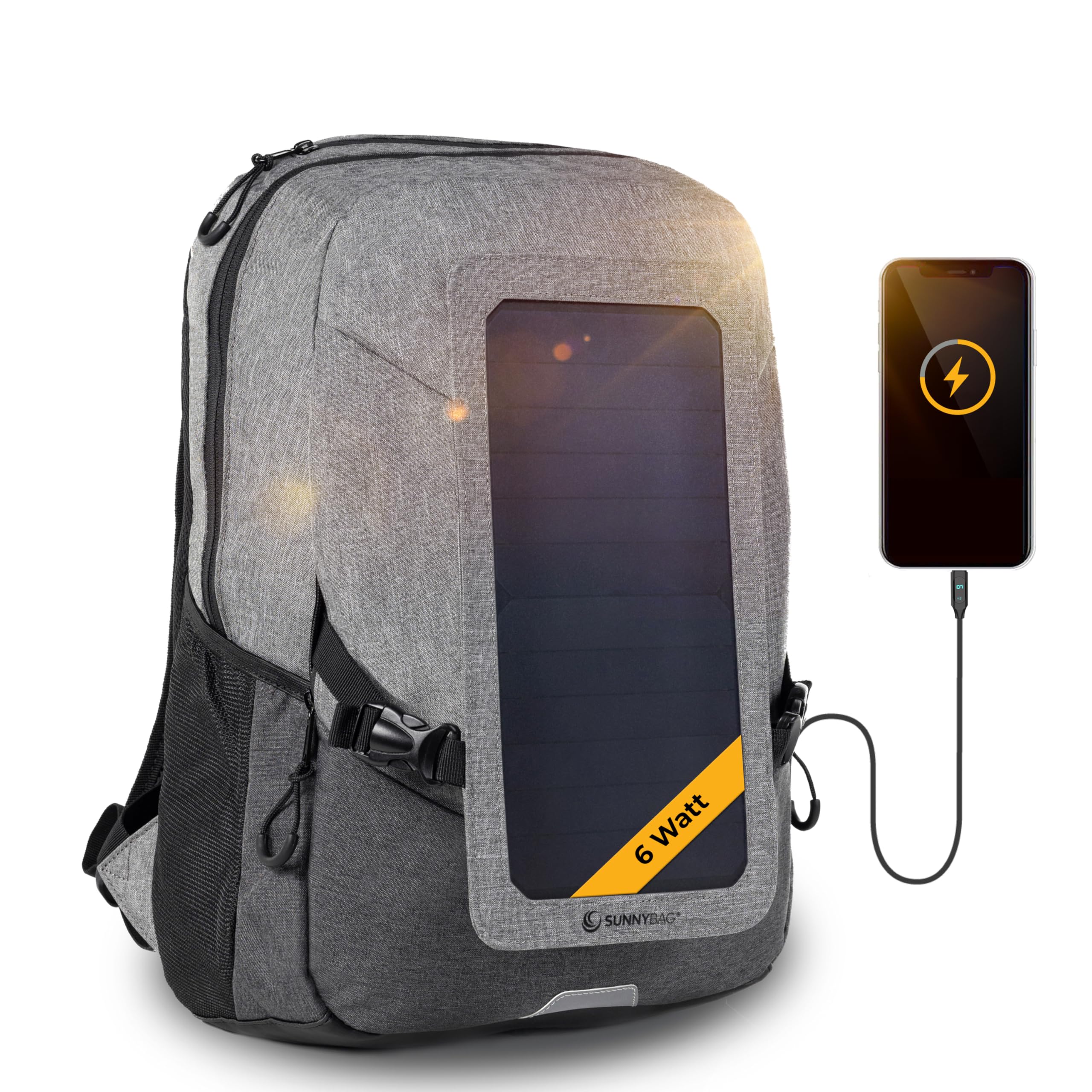 Sunnybag Explorer+ | Solar Rucksack mit abnehmbarem 6 Watt Solar-Panel | USB-Anschluss | 15-Zoll Laptopfach | 15 Liter | Wasserabweisendes Textil | Jetzt inkl. USB-C Kabel mit Leistungsanzeige