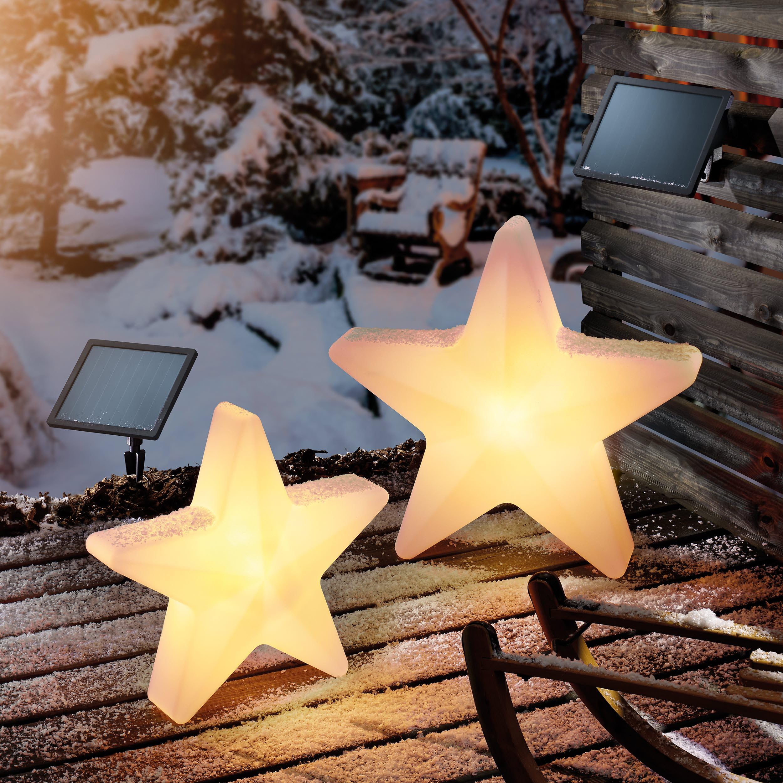 Esotec Solar 3D Weihnachtsstern, 2er-Set groß, winterfest, Leuchtstern, LED Stern outdoor, Außenstern, warmweiß kaltweiß umschaltbar, Weihnachtsdeko, Weihnachtsbeleuchtung, außen, ⌀55+39cm, 102119