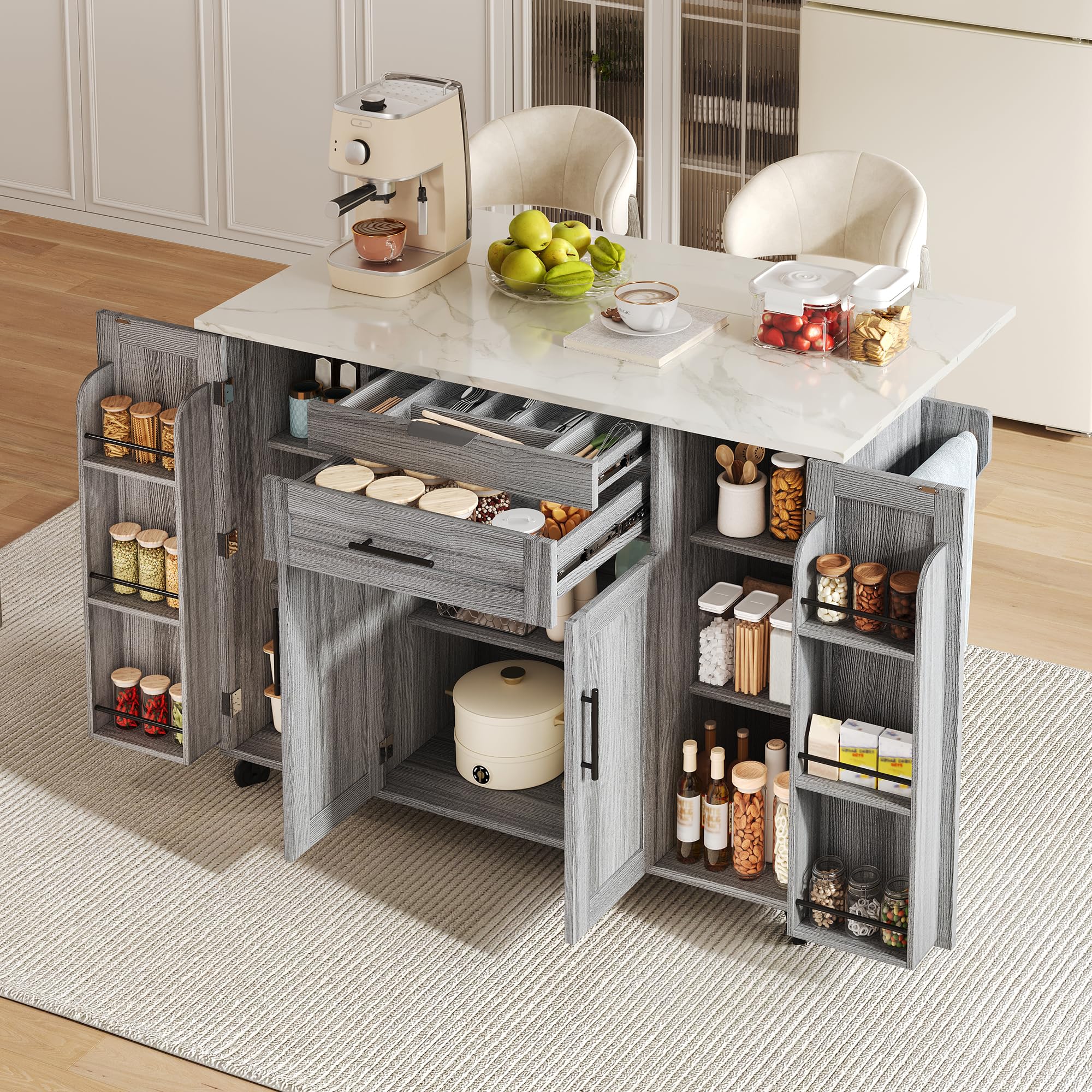 Îlot de cuisine autoportant avec plan de travail pliable, armoire de cuisine sur 5 roulettes, avec étagère et 2 tiroirs, pour cuisine, salle à manger, 136 x 70 x 92 cm (gris)