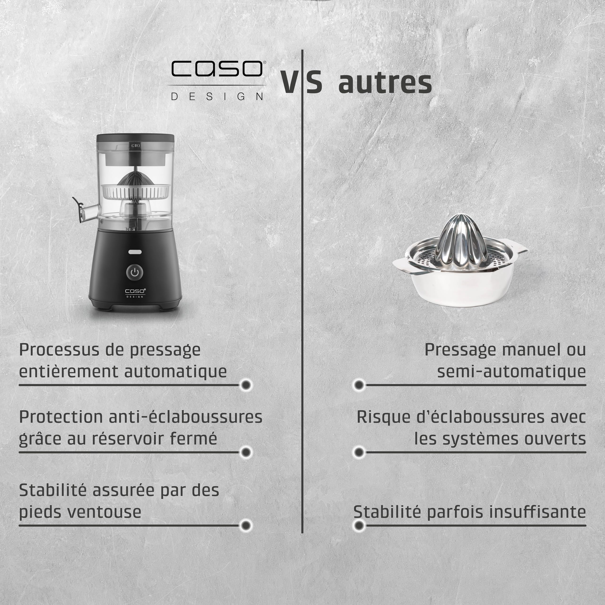 CASO CP 400 Lift - Presse agrume electrique avec cône universel pour oranges et agrumes, 300 W, anti-éclaboussures, extraction élevée du jus, pieds à ventouse, sans BPA, compatible lave-vaisselle