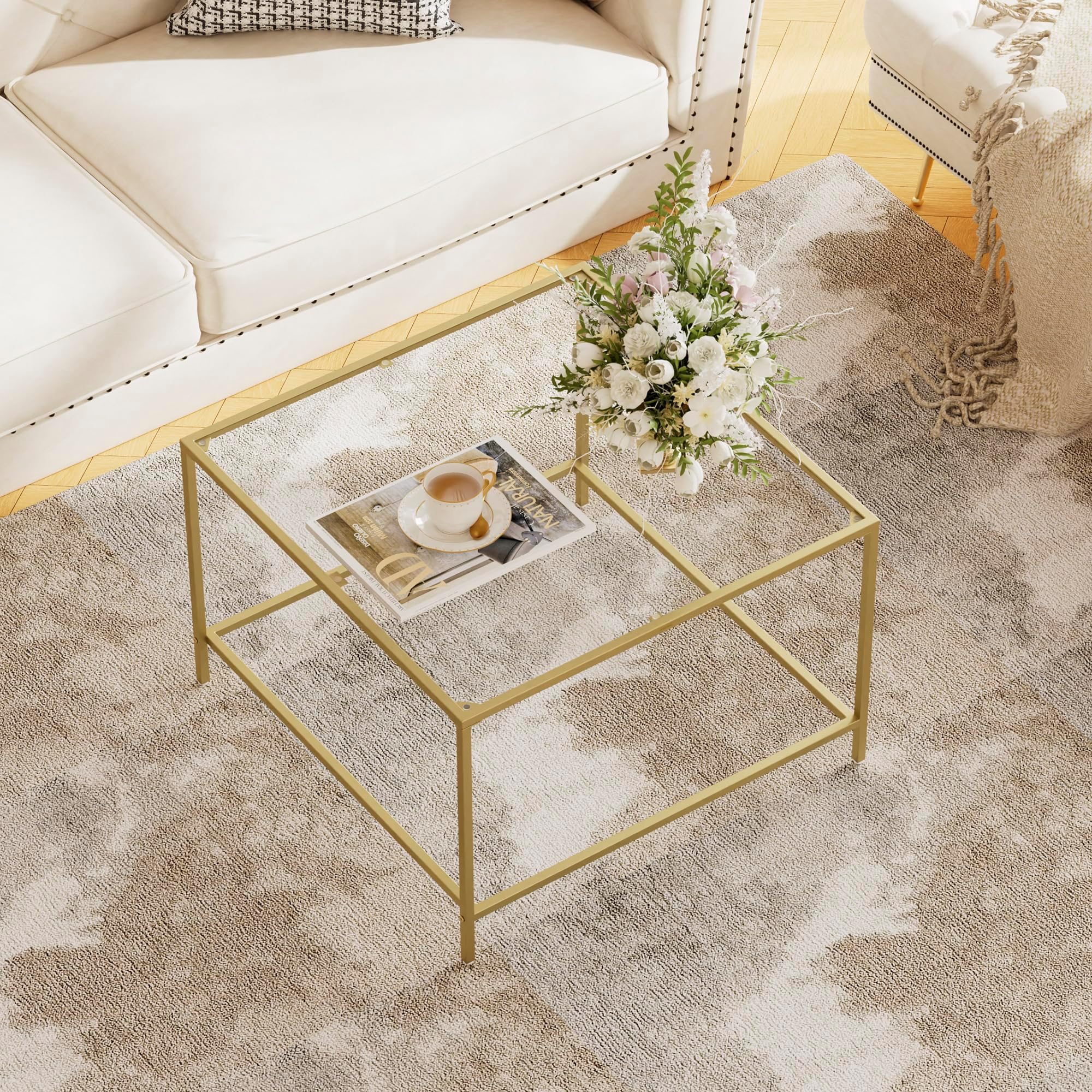 Glass Coffee Table, Modern Square Coffee Table for Living Room, Minimalist Center Tea Table with Sturdy Metal Frame for Apartment, Office, Easy Assembly, 27.6 x 27.6 x 17.7 Inches, Golden