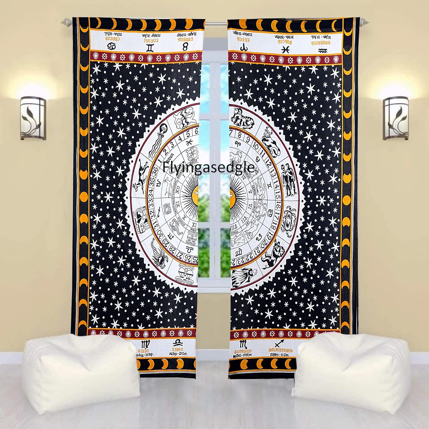 Indian Mandala Curtain Balcony Sheer Room Divider Living Room Bohemian Decor Light-Filtering Blackout Gypsy Door Curtain (82x27 Inches, White Rashi)
