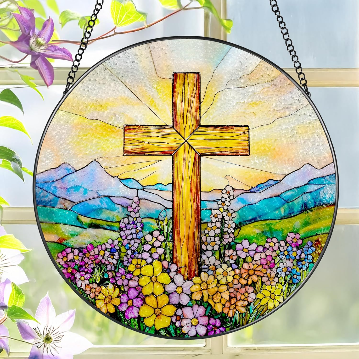 8 Inch Cross Wildflower Stained Glass Suncatcher, Christian Stained Glass Window Hanging, Religious Cross Sun Catcher, Easter Suncatcher Decor, Religious Gifts, Christian Gifts, Easter Gift