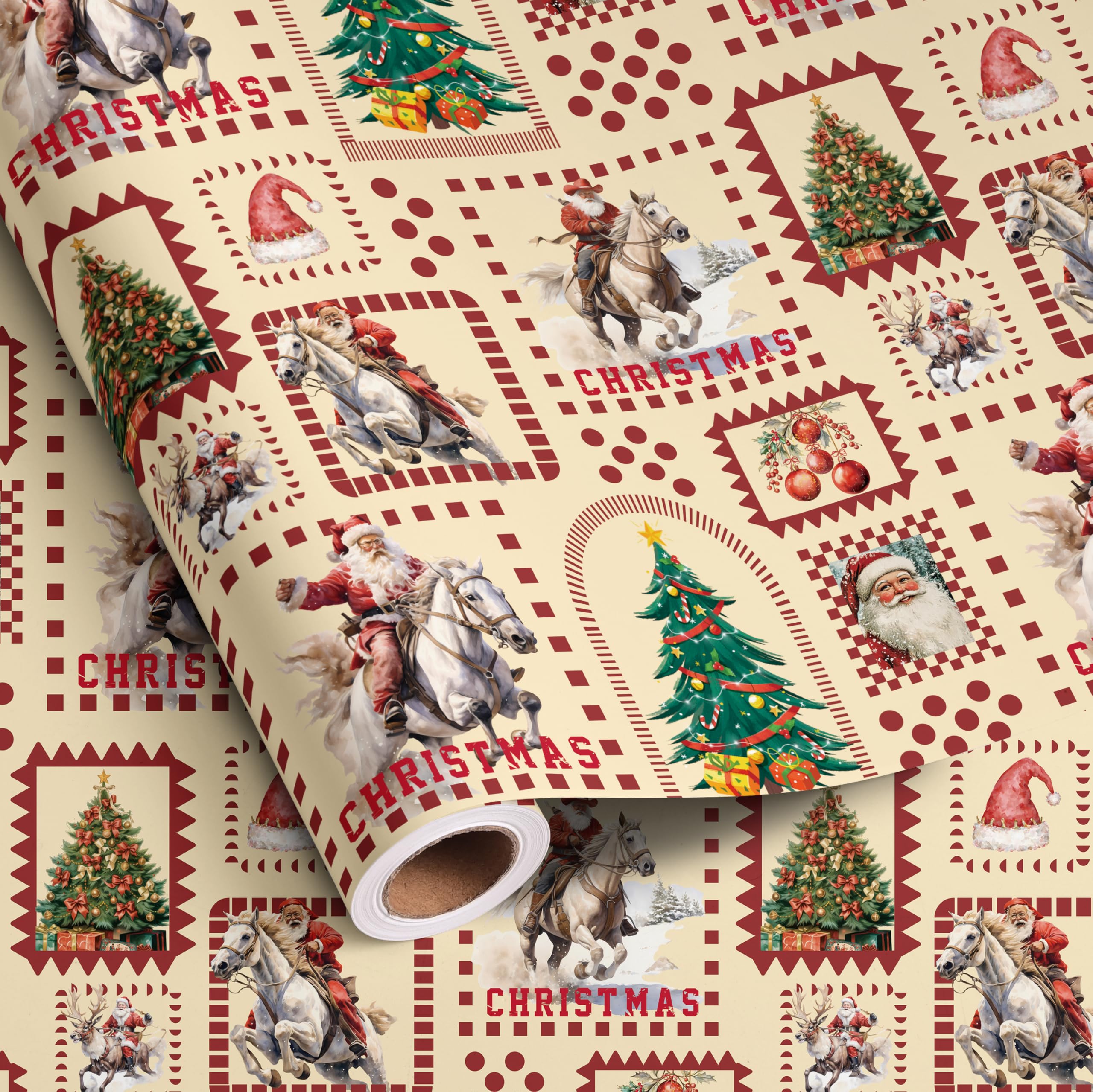 Dtiafu Horse Christmas Wrapping Paper Roll for Women Men Boys Kids Girls Western Cowboy Santa Claus and Plaid Gift Wrap for Holiday Winter Party Celebration - Total 28.5sq.ft — image 1