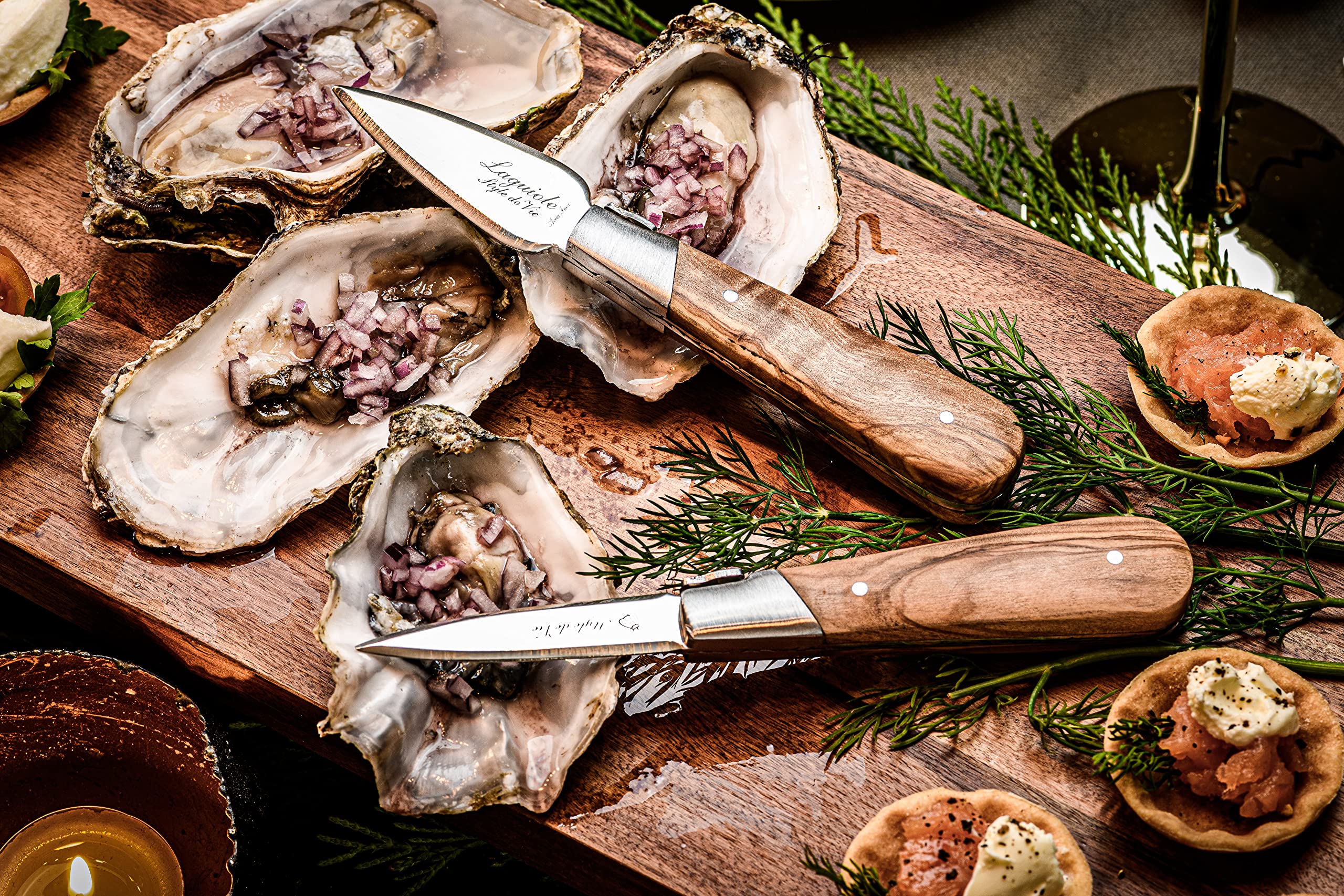 Laguiole Style de Vie Oyster set de regalo de madera de oliva con soporte de ostras de silicona