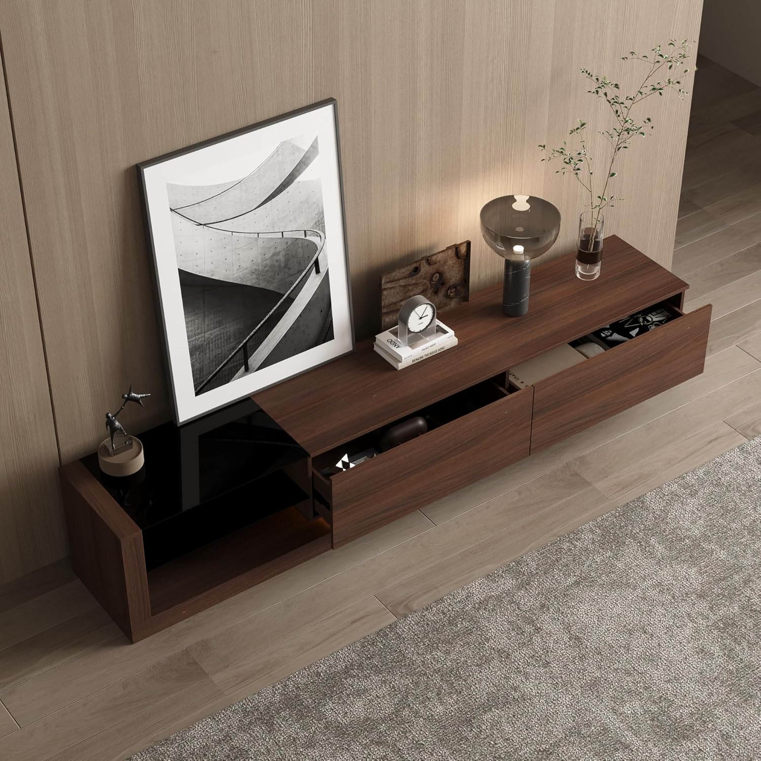 Top-down view of the WOODTIME FZ5224 TV Stand with drawers partially open, revealing internal storage space.