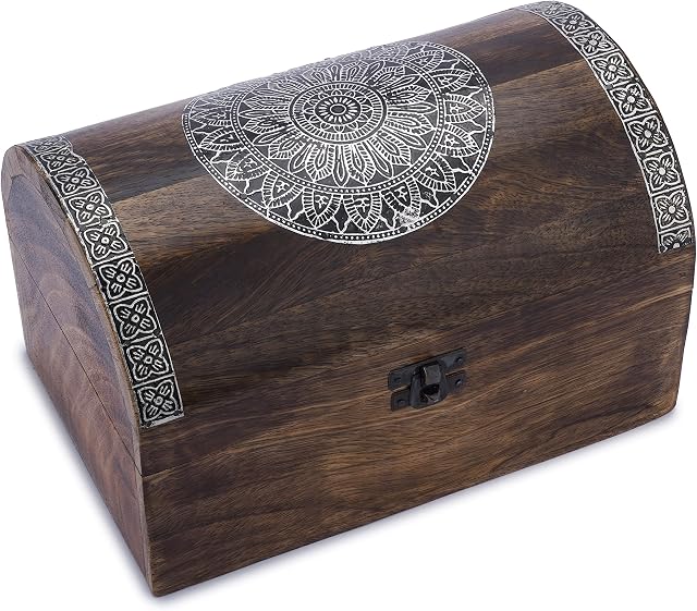AJUNY Wooden Decorative Jewelry Box Brown with Mandala Flower Carvings Multipurpose Use as Jewelry Storage, Trinket Holder or Watch Box, great for gifts