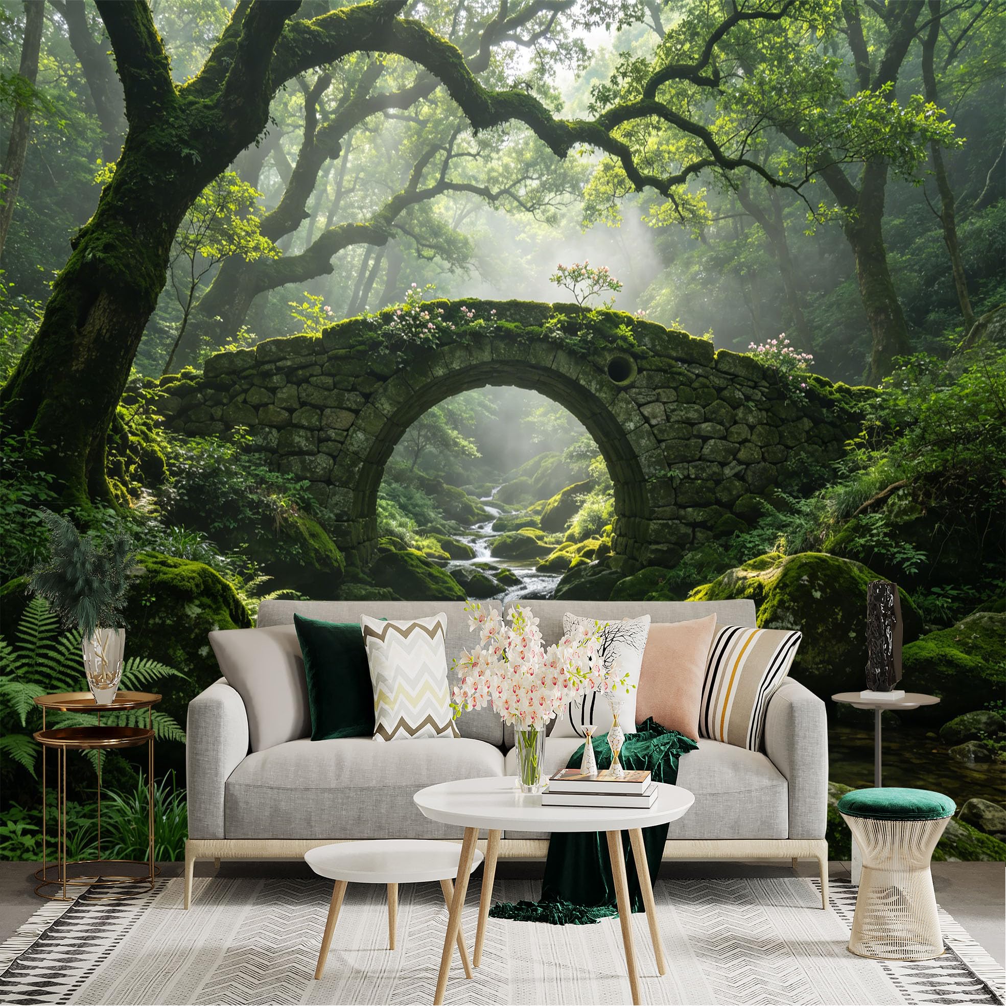 Custom Size Wall Sticker Mural， Ancient Stone Bridge in Lush Forest with Stream and Sunlight， for wall Decoration， peelandstick wall Decals.
