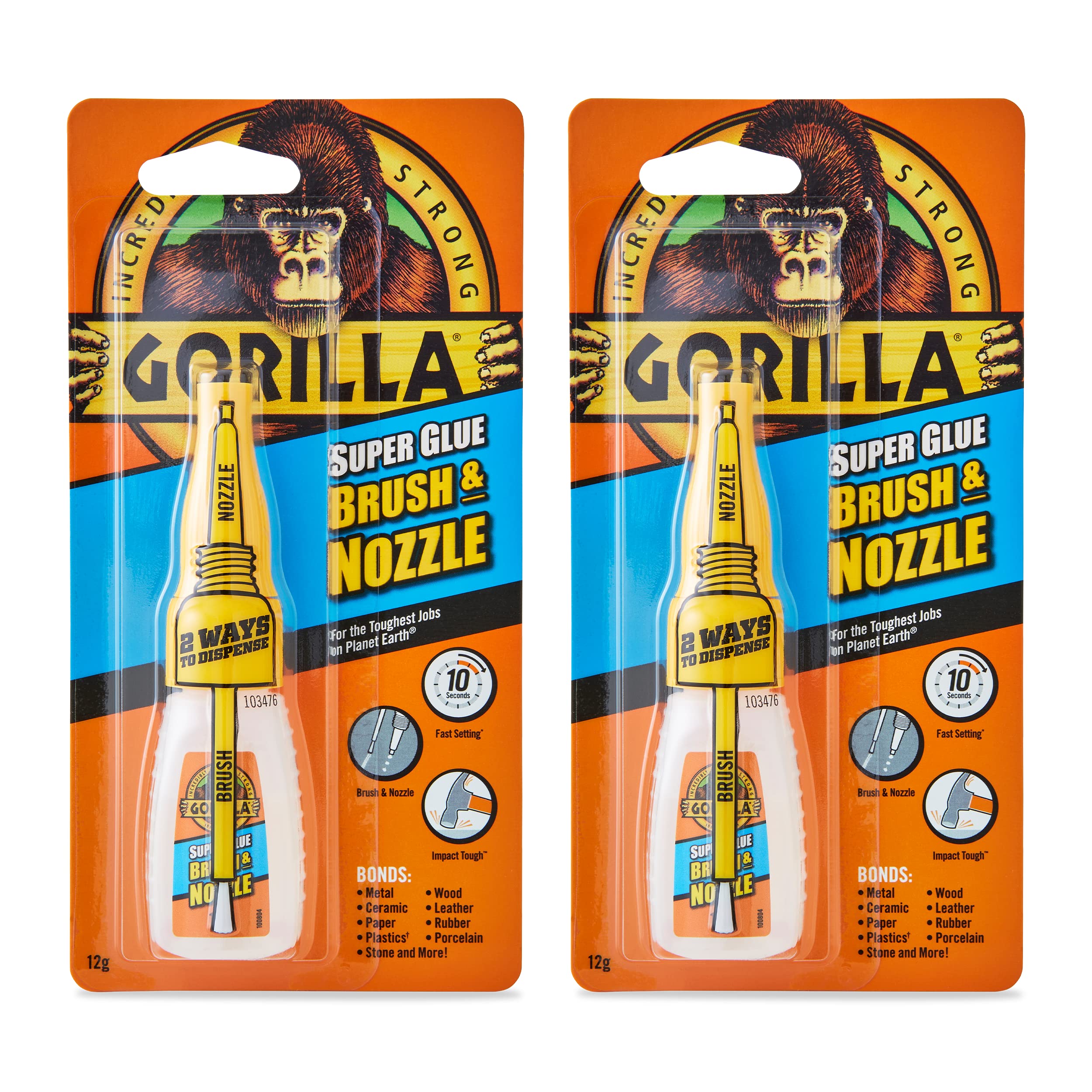 Gorilla Glue Brush & Nozzle 12G - 2 Pack - Precision-Controlled Impact-Resistant Adhesive With Dual Applicators