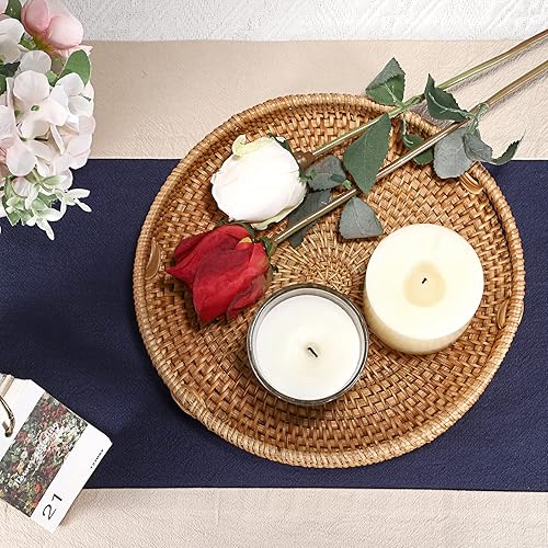 Vista 21 de Hipiwe Bandeja redonda de ratán con asas, bandeja organizadora decorativa tejida a mano para almacenamiento de bebidas de desayuno, aperitivos