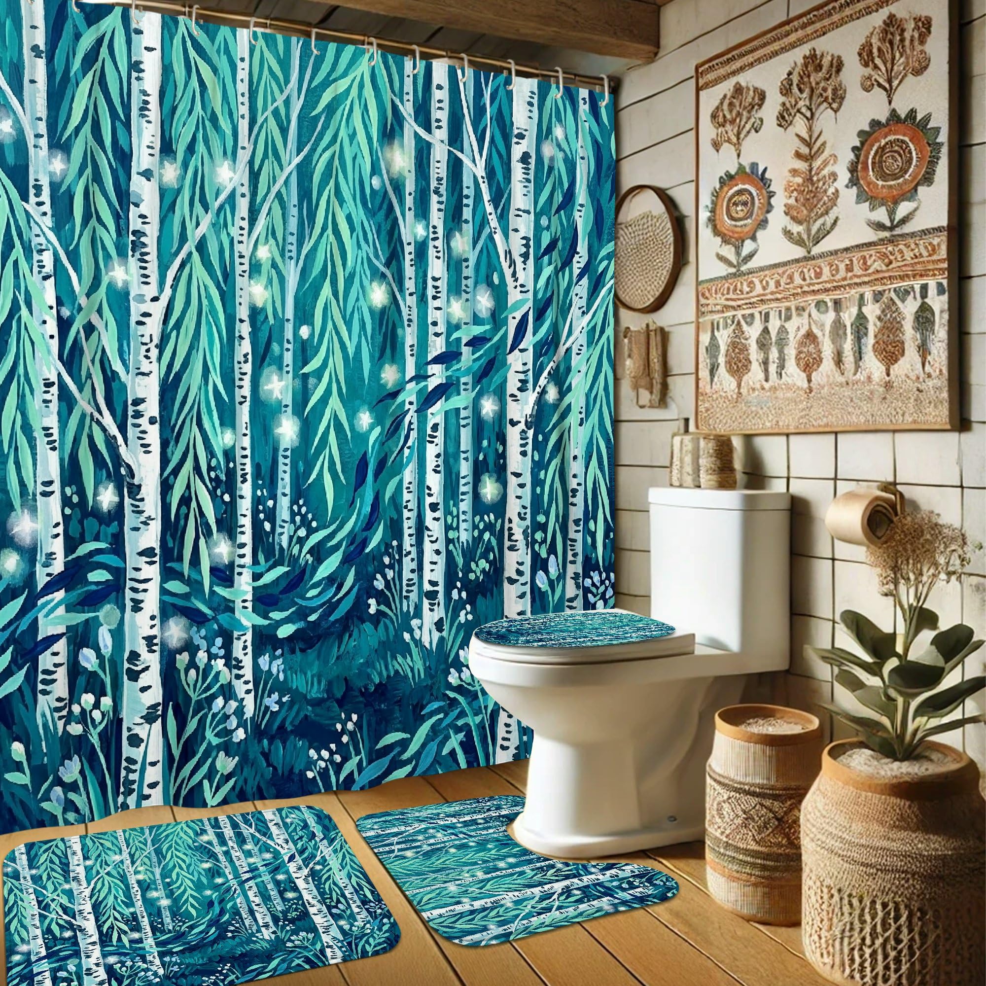 Rideau de douche motif bouleaux haut de gamme et tapis de bain chic