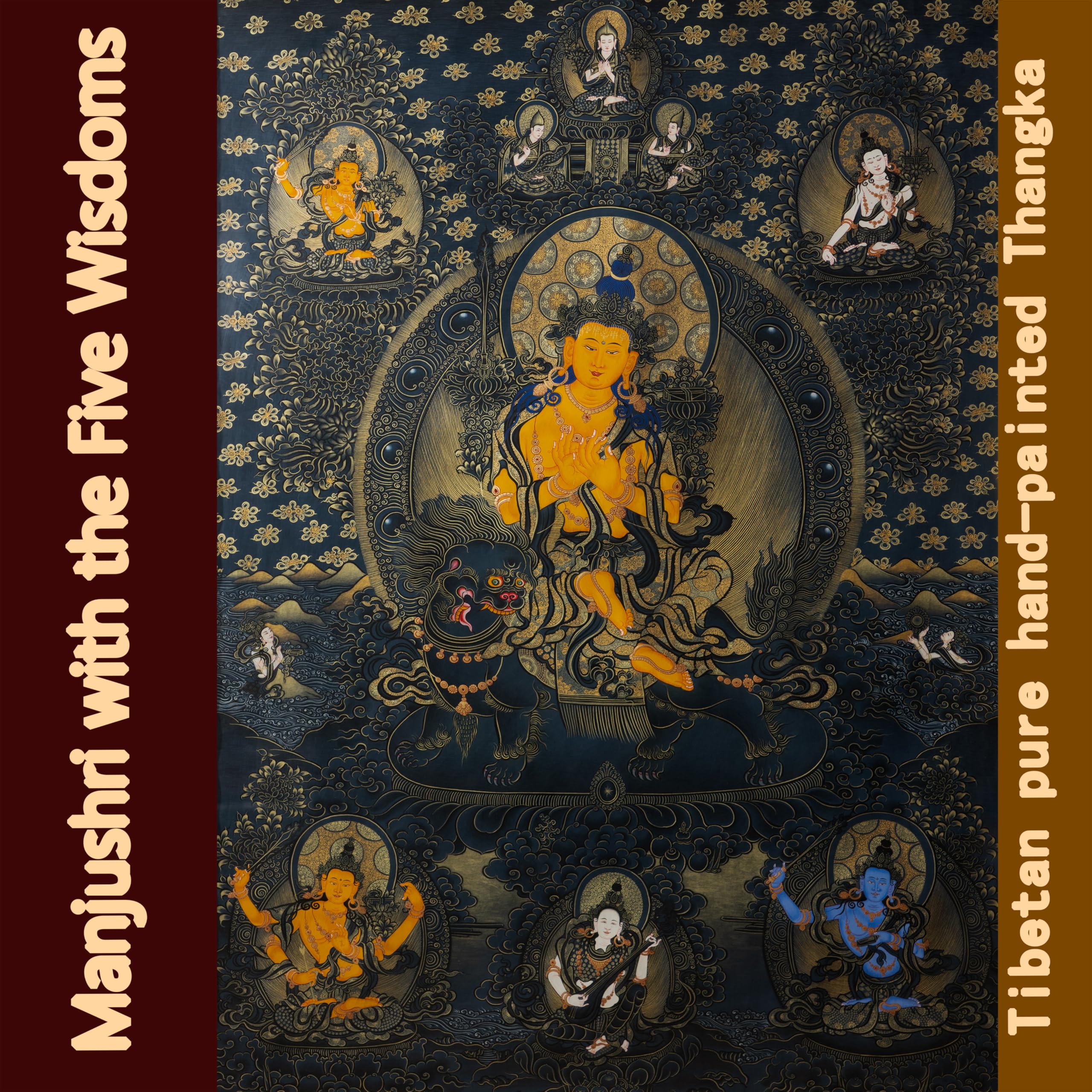 Traditional Handmade Tibetan Thangka - Regong Pure Handcraft, Manjushri & Five Wisdoms Buddha, Authentic Tibetan Art, Global Limited Edition