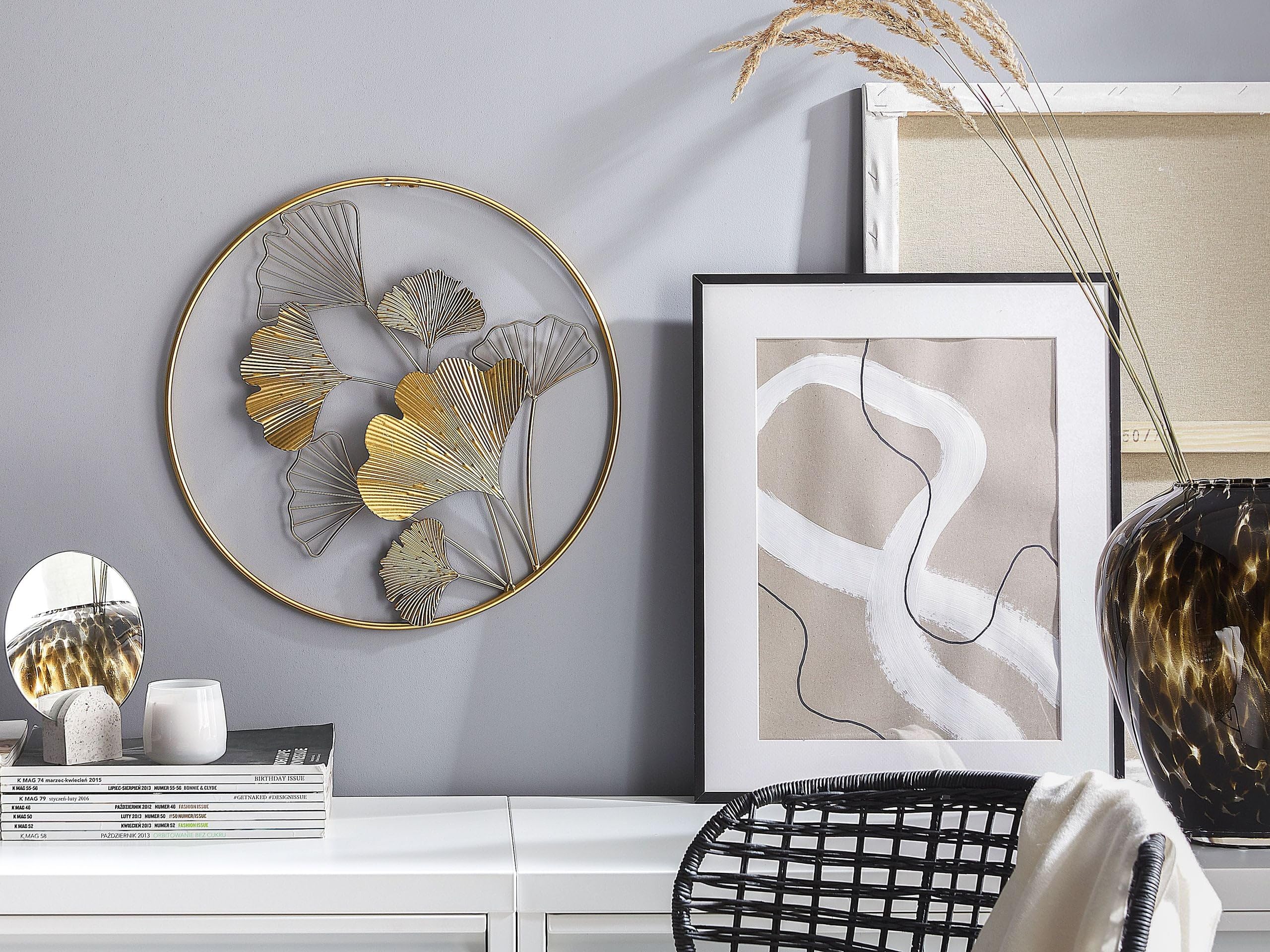Beliani Wanddekoration Metall gold rund Ginkgo Blattmuster im Kreis 45 cm Modern Wanddeko Bismuth