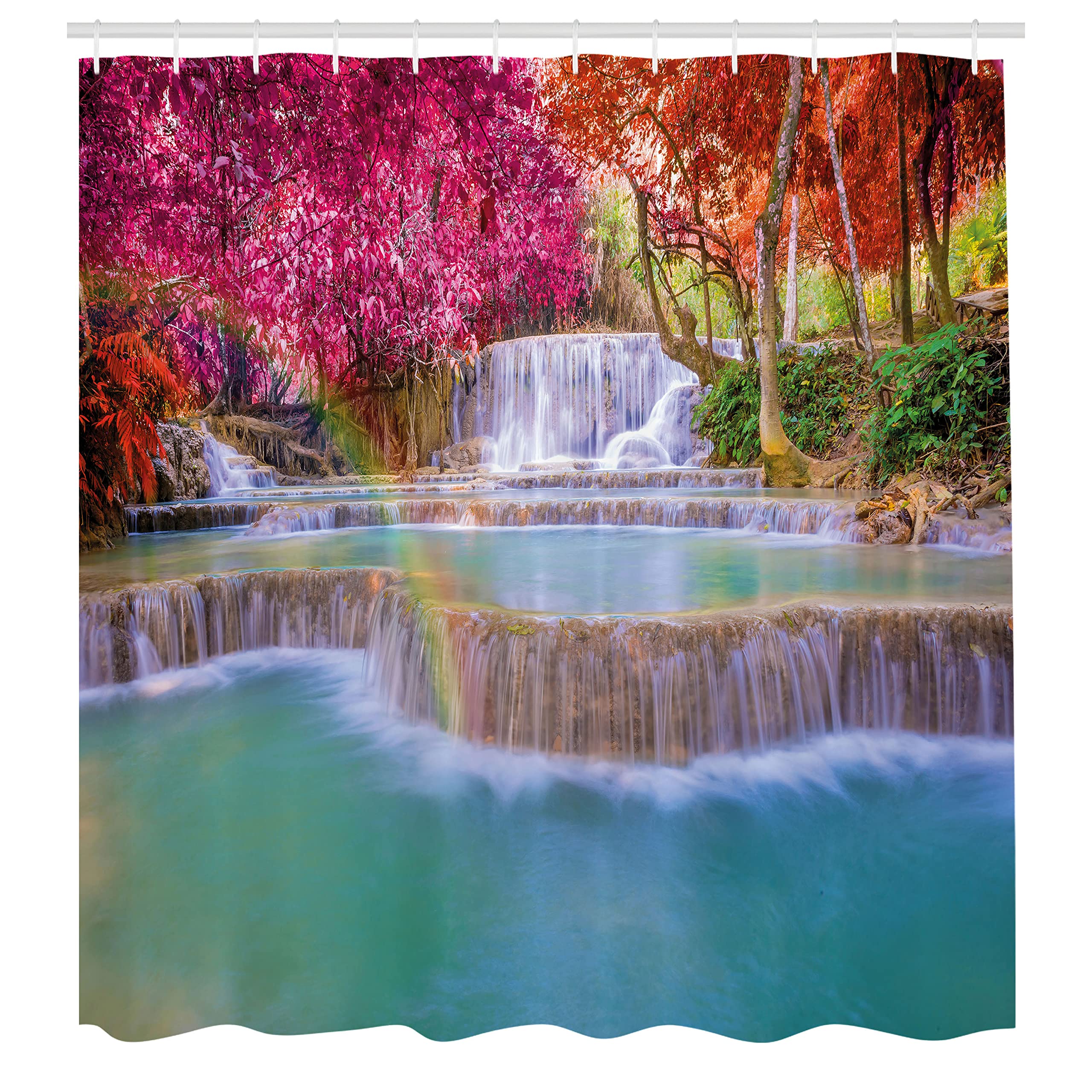 Ambesonne Waterfall Shower Curtain, Rain Forest in Vietnam Laos South Orange Trees Side of River Image Print, Cloth Fabric Bathroom Decor Set with Hooks, 69