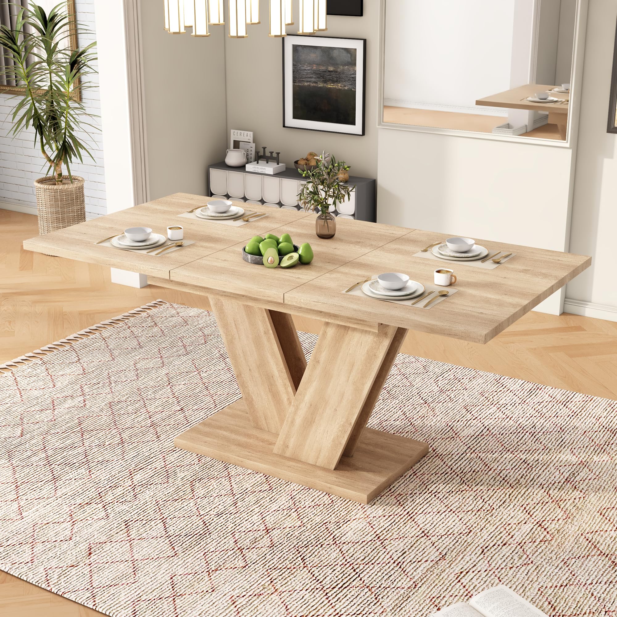 Moimhear Mesa de comedor extensible 140 (180) x 80 x 75,5 cm, color roble, mesa de comedor rectangular para 4-6 personas, patas en V, estilo simple
