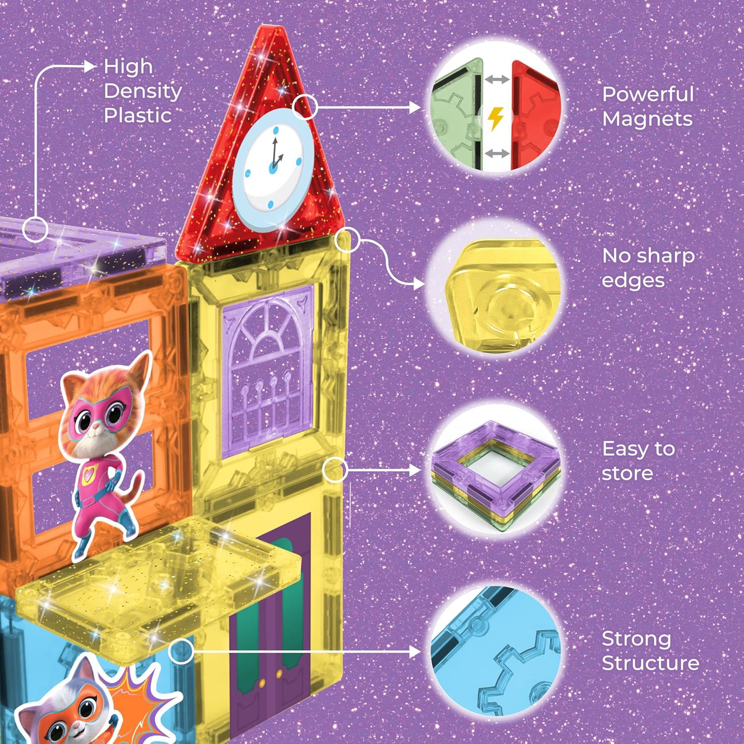 Tytan Official Disney Junior SuperKitties Magnetic Tile Set – 17-Piece STEAM Building Toy with Glitter & Printed Tiles, Reusable Stickers, Storage Bag & Instruction Manual – Ages 3+