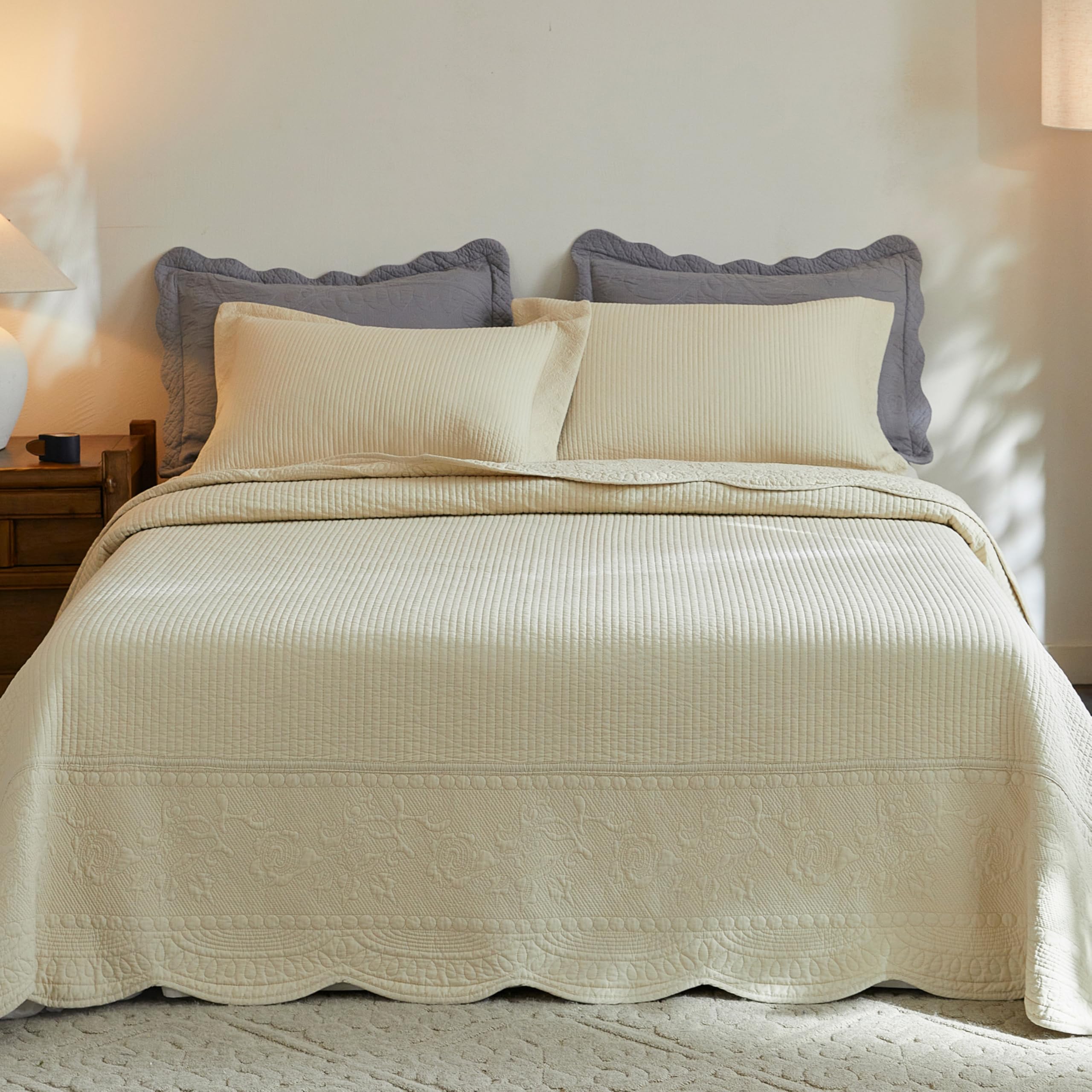 MarCielo 3-Piece 100% Cotton Oversized Bedspread Lightweight Quilt Coverlet Embroidery Farmhouse Bedding Set (TG Yellowish Beige, Oversized King (118"x106"))