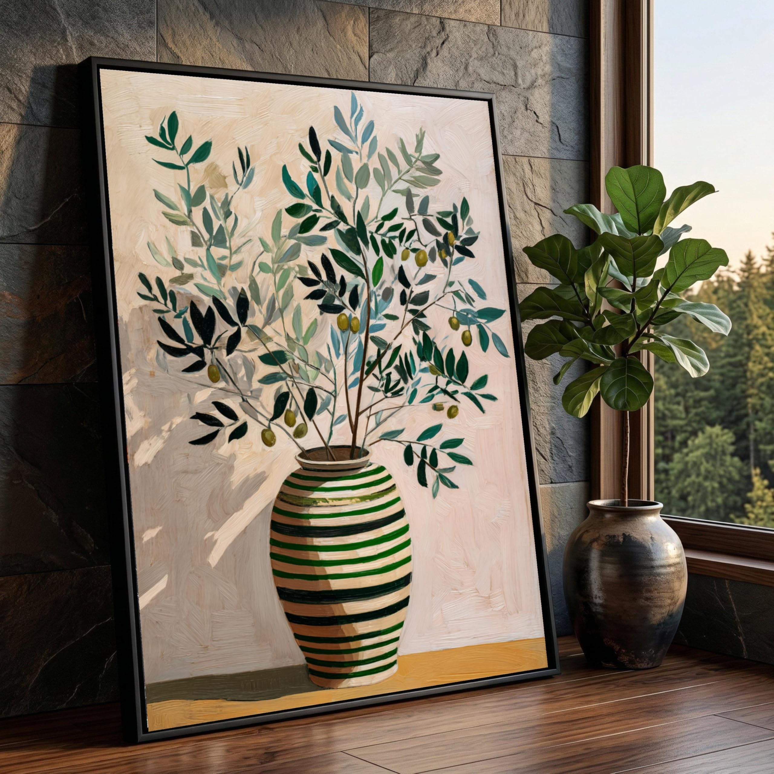CAOXTART Olive Branches in Vase Canvas Wall Art, Rustic Botanical Green Leaves Posters Still Life Painting, Floral Canvas Artwork(60x80cm/Frameless)