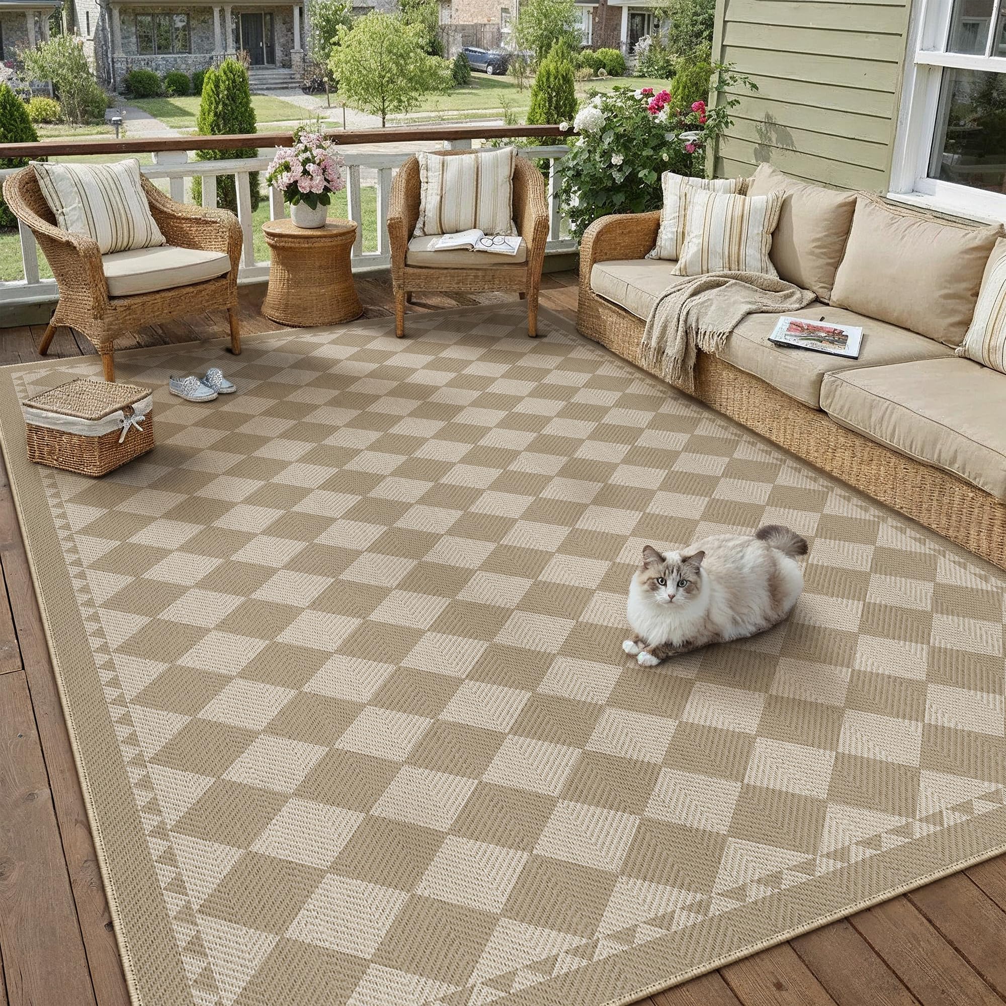 PureCozy Outdoor Rug 200x300cm Rugs Living Room Garden Patios Waterproof Beige Coffee Large Outside Checkered Carpet Washable Anti Slip Jute Look Carpets Office Bedroom Dining Room Indoor Mat