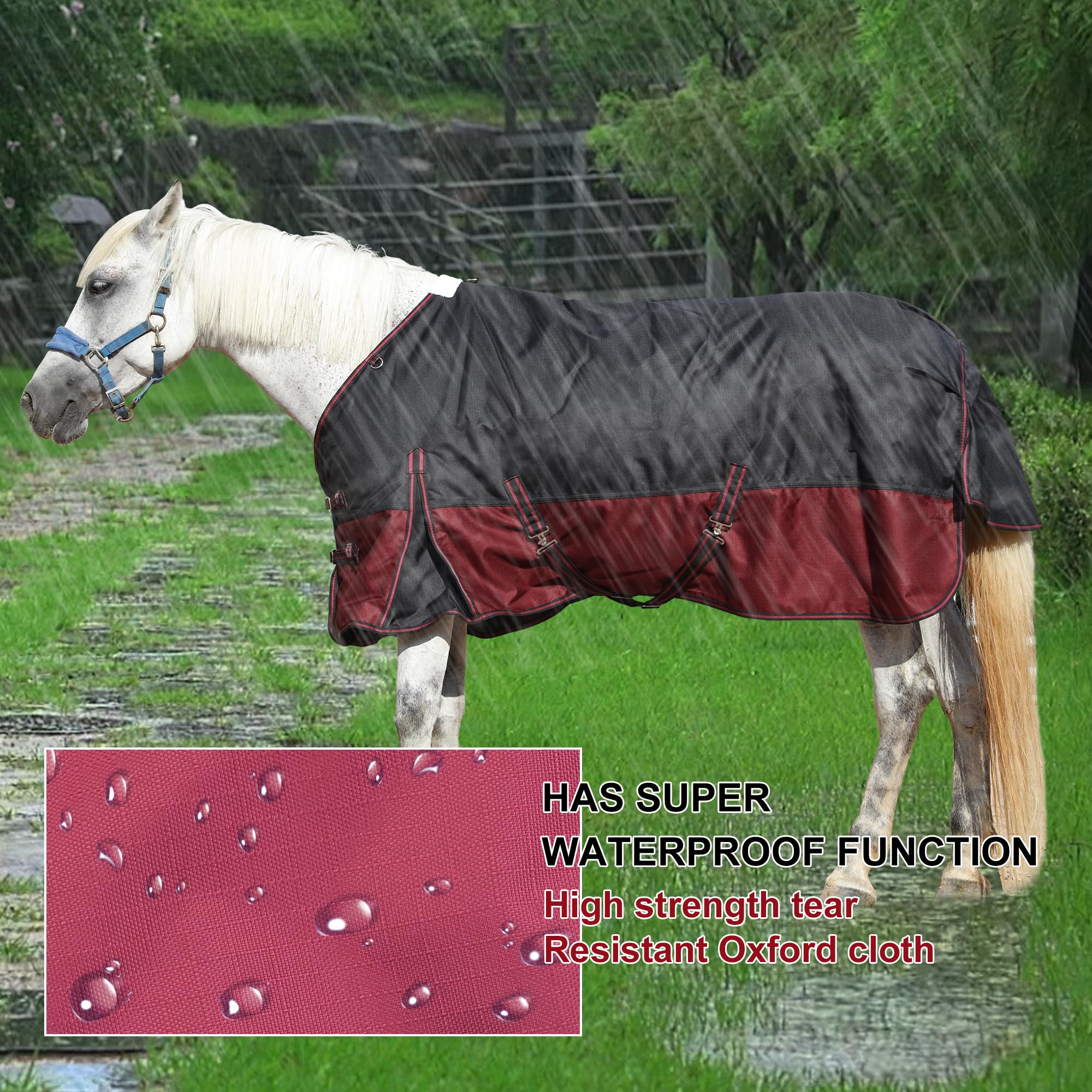 Leberna Alfombra impermeable 1200D para caballos, ligera, antidesgarros, transpirable, con cuello estándar, sin relleno (negro y rojo, 6 pies 6 pulgadas)