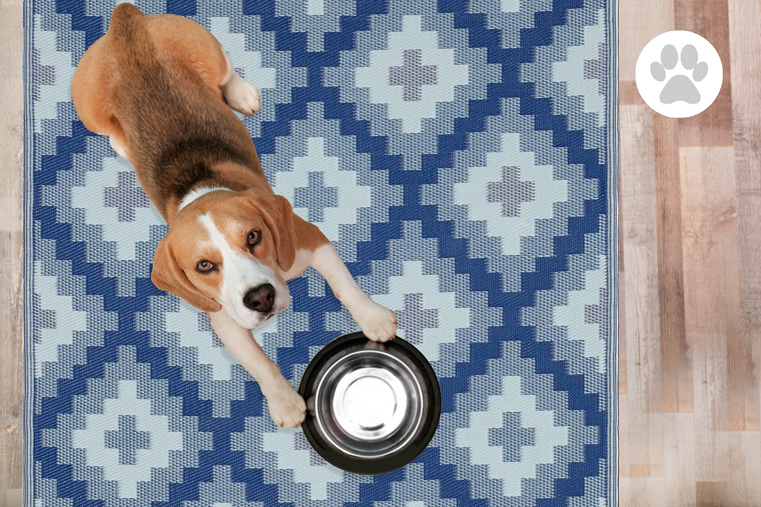 FH Home Outdoor Rug - Waterproof, Fade Resistant, Reversible - Premium Recycled Plastic - Geometric - Patio, Deck, Porch, Balcony, Laundry Room - Aztec Kilim - Blue Multi - 5 x 8 ft