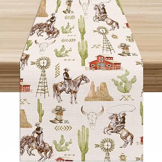Cowboy Table Runner Cartoon Watercolour Western Desert Cactus Windmill Cowboy Hat Indian Cowboy Horse Table Decor Top Kitchen Dining Wedding Party 13x36 in