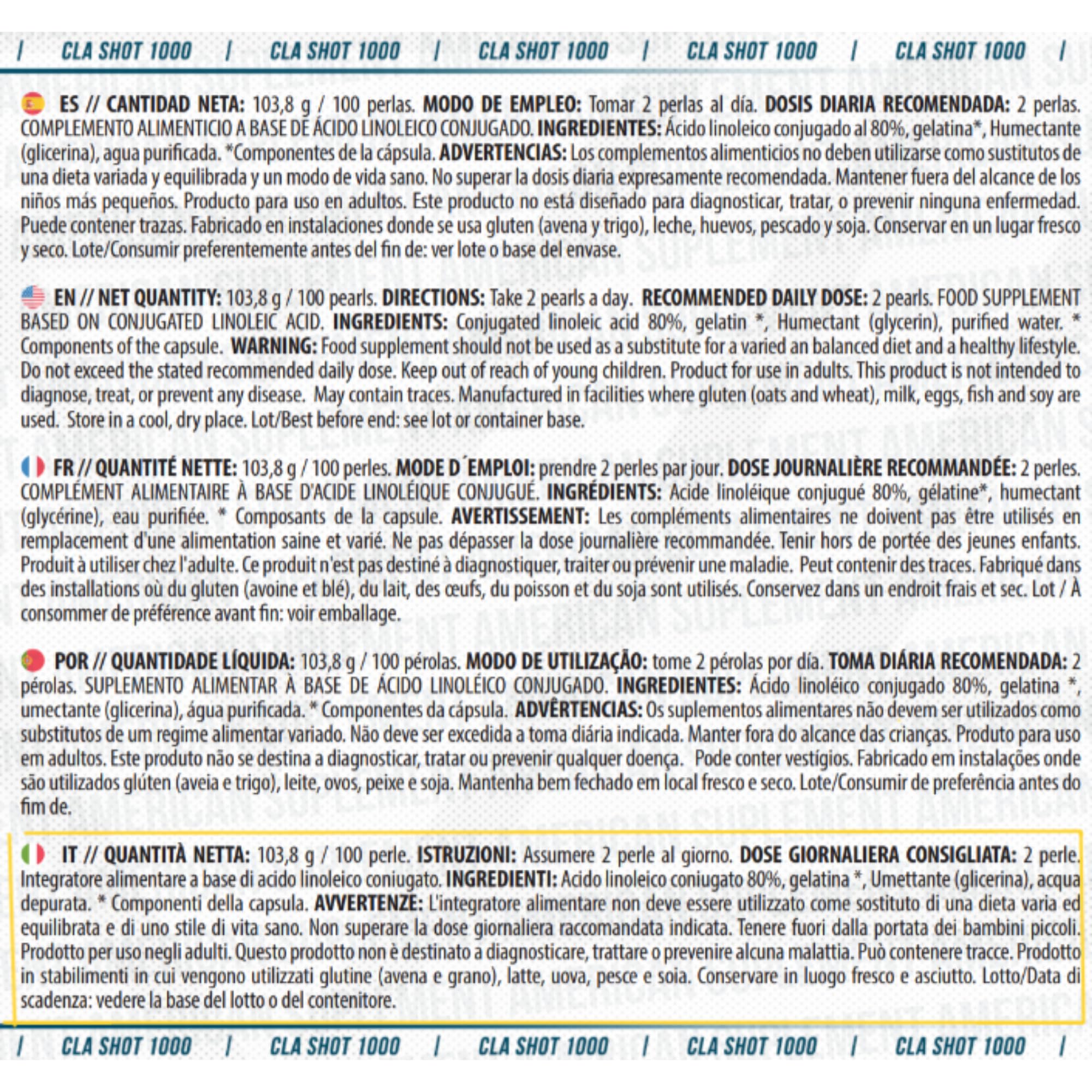 CLA Shot 1000 mg | 100 Gélules | Aide à la Définition Musculaire | Aide au Contrôle de l’Appétit | Acide Linoléique Conjugué | Élaboré à partir d’Huile de Carthame
