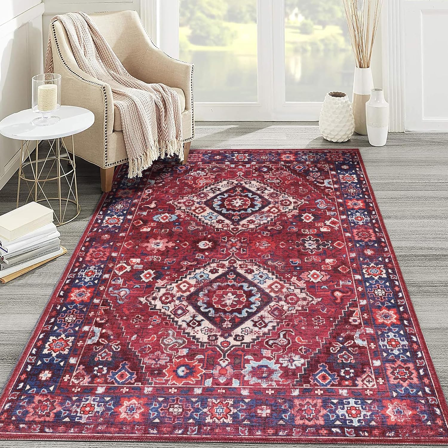 NETLINE HOME Washable Area Rugs for Living Room Traditional Flatweave Rug Non Slip Kitchen Rug - Decorative Floor Mats Low Pile Vintage Rugs Boho Design Foldable Hallway Carpets for Bedroom -Brick