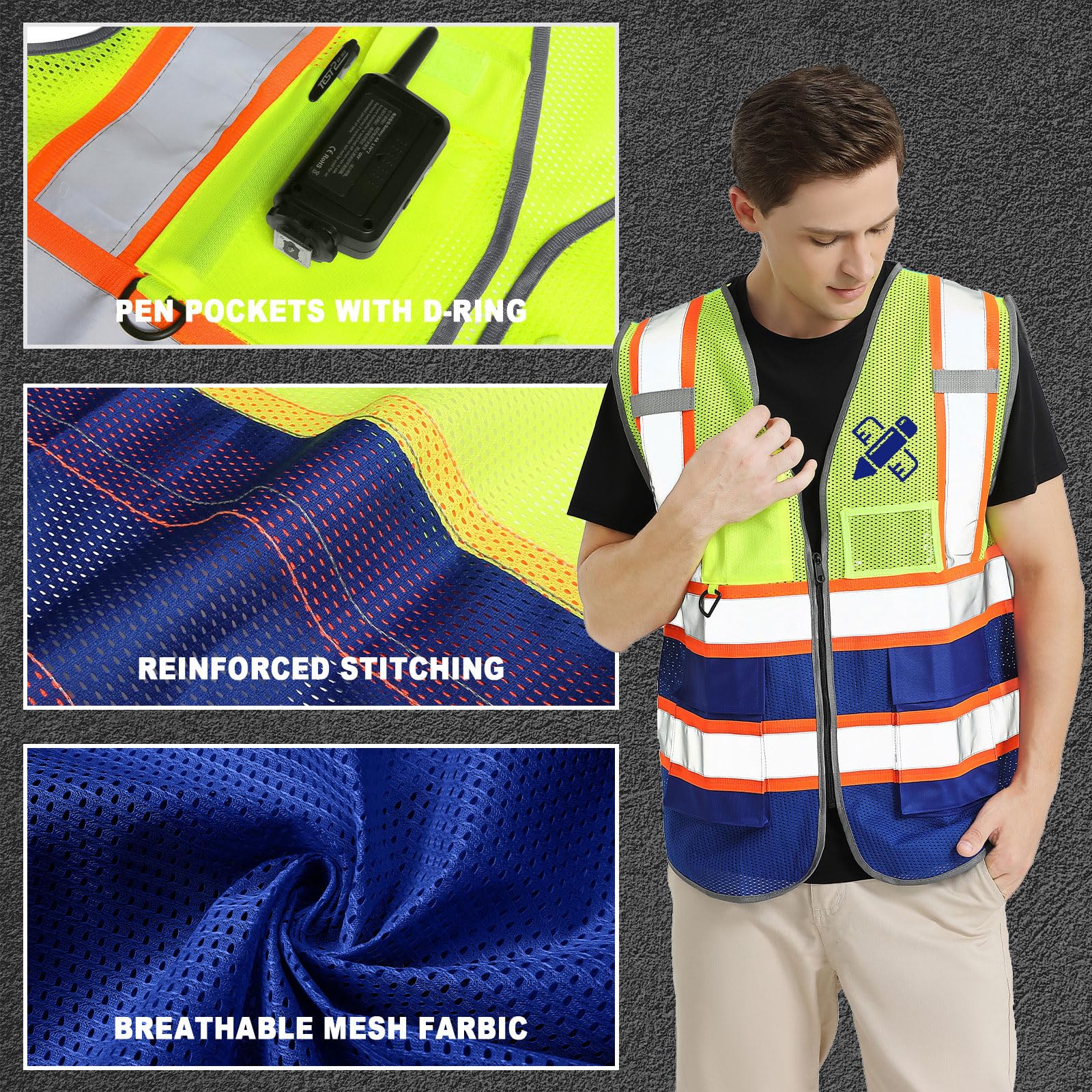 Custom Logo Mesh Safety Vest Class 2 High Visibility Reflective Vest with Pockets Breathable Construction Workwear Yellow Blue