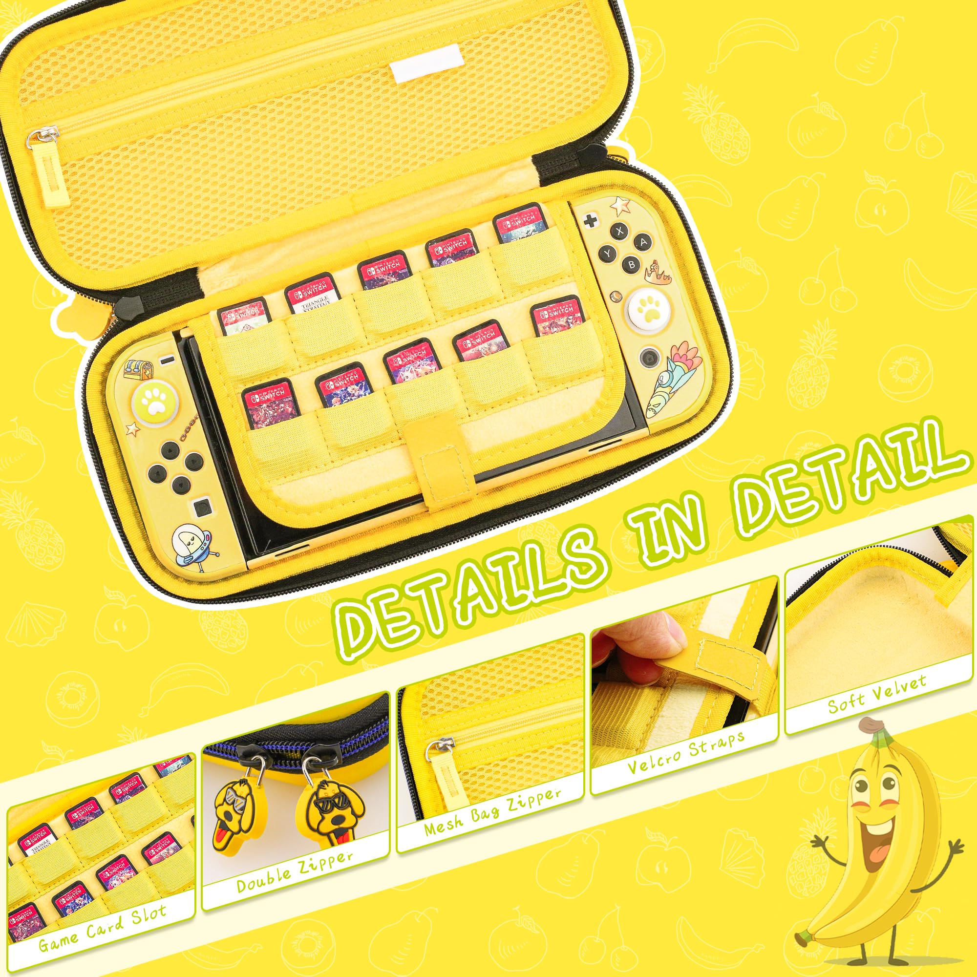 FUNDIARY Custodia da trasporto gialla compatibile con Nintendo Switch OLED, grazioso pacchetto di accessori a banana per console Switch con guscio protettivo rigido per PC, pellicola protettiva HD e 2