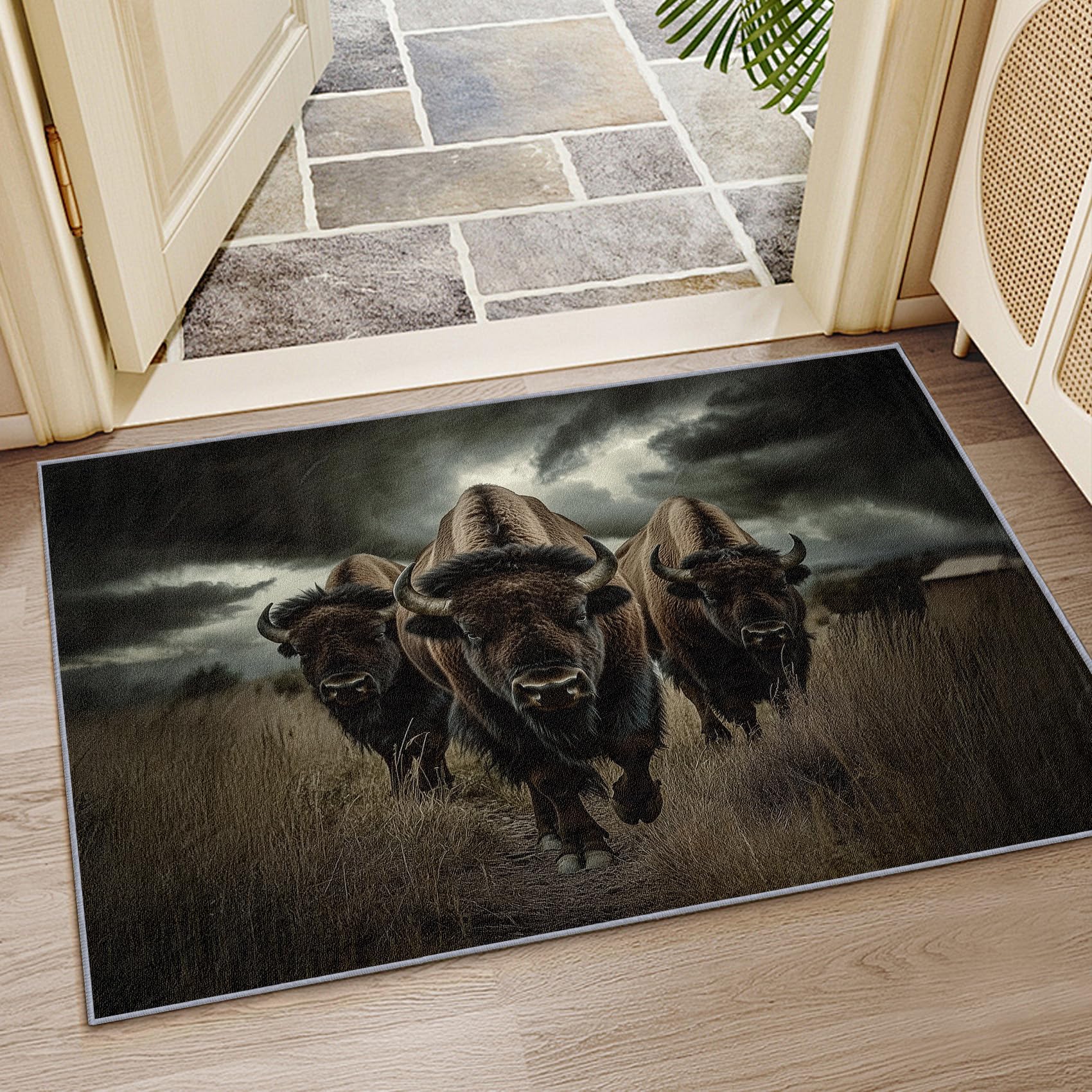 Bison Teppich Waschbar, Wildtiere Schwarz Teppich 80x150 cm, Natur Landschaft rutschfest Waschbar Pflegeleicht Teppiche Für Schlafzimmer Küche, Schwarz