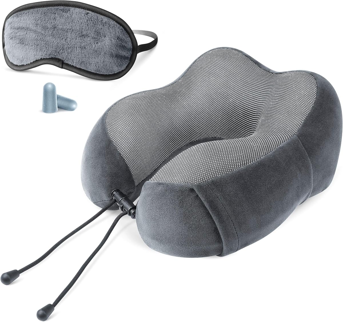 Tech Memory Foam Travel Neck Pillow with Blackout Sleep Mask and Ear Plugs - Grey