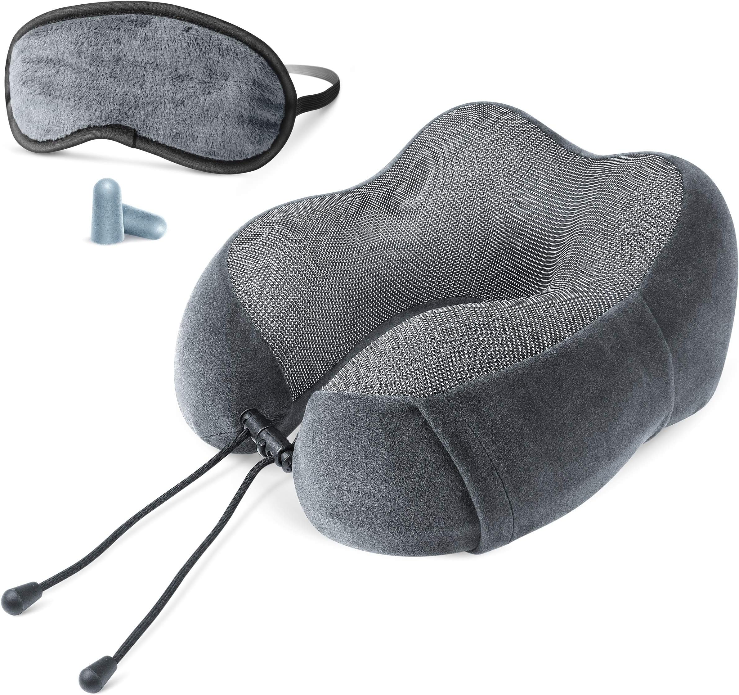 CloudzCloudz Tech Memory Foam Travel Neck Pillow with Blackout Sleep Mask and Ear Plugs - Grey