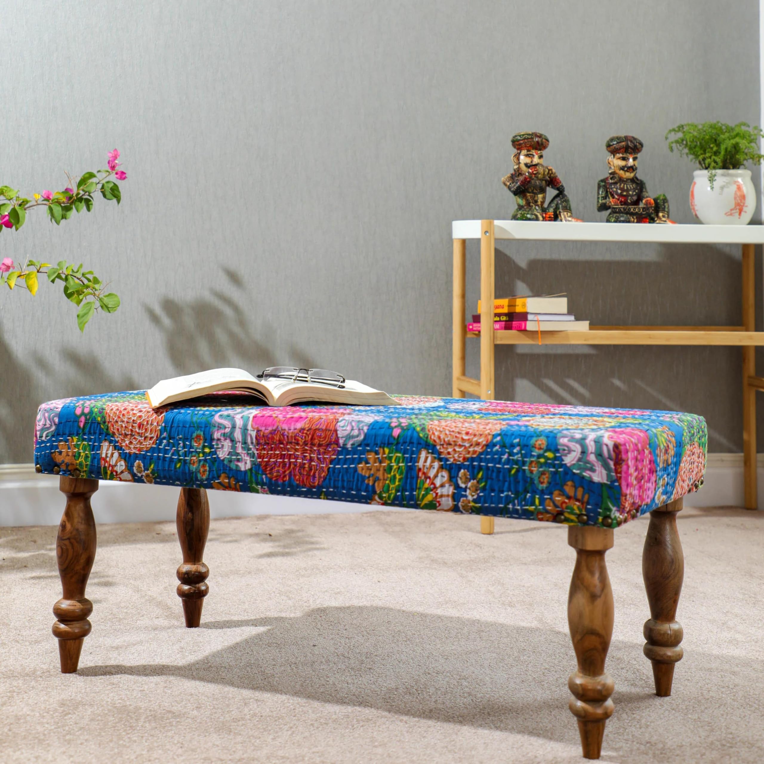 Amazon.com: Desi Favors Blue Kantha Bench - Indian Cairo Wooden