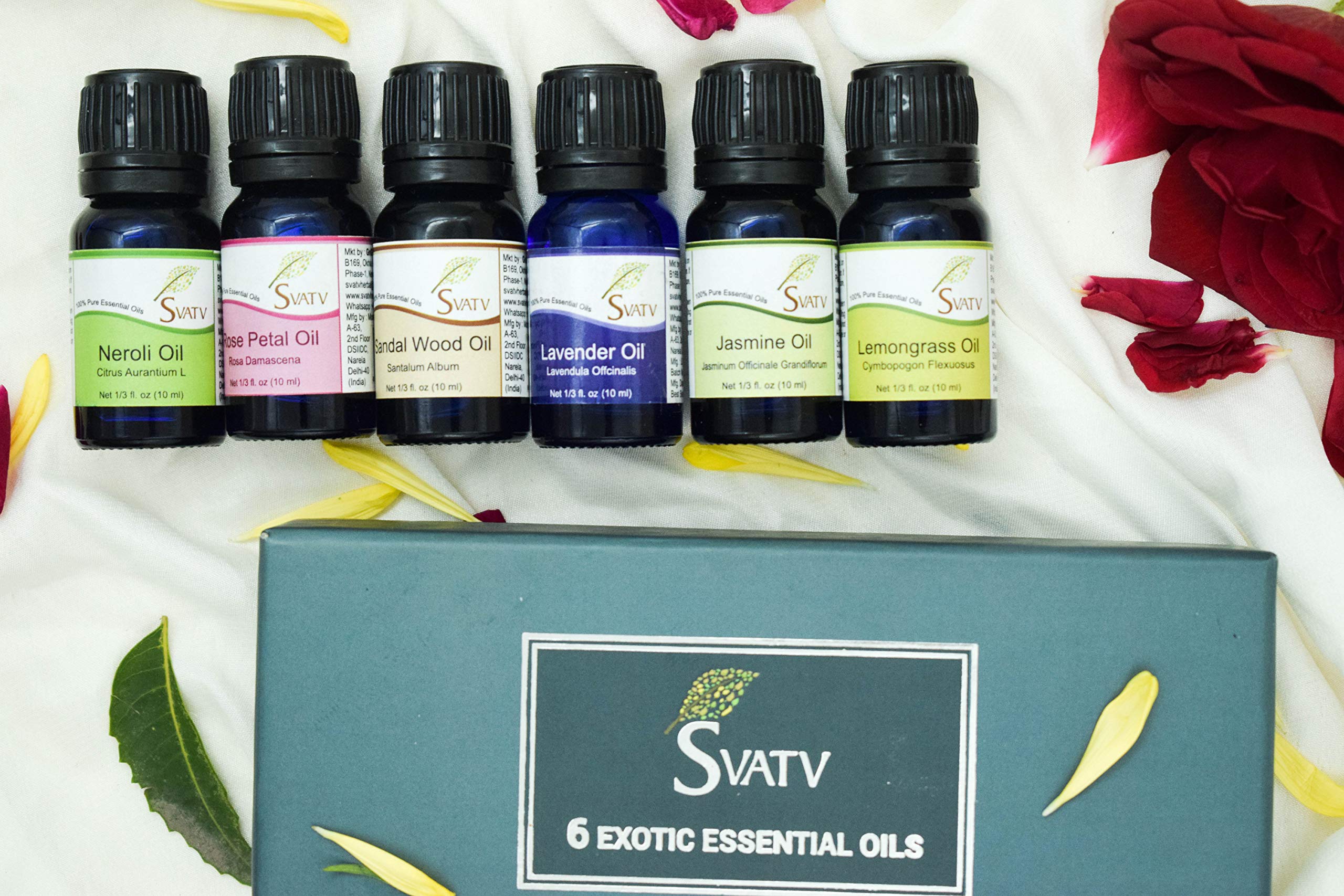 Olejki eteryczne, Top 6 zestaw upominkowy do aromaterapii w jakości premium – płatki różane, drzewo sandałowe, neroli, trawa cytrynowa, jaśmin – 6 x 10 ml