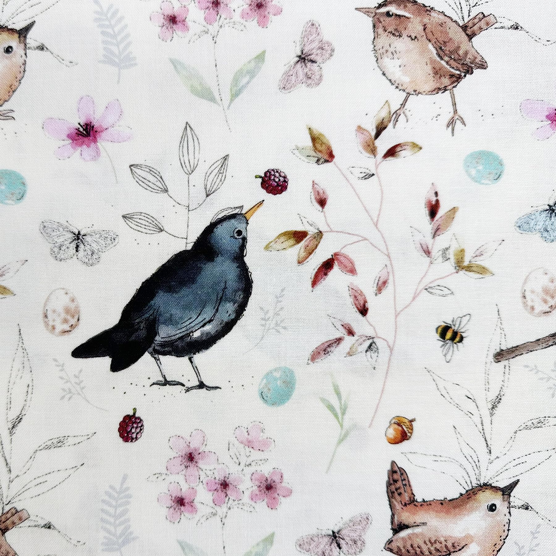 Glamour Secrets Cream Premium Cotton Fabric - 'Bird Song' Garden Birds On - Craft Fabric Material Metre